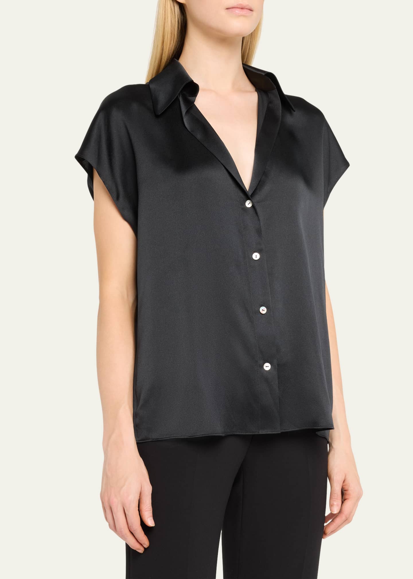 Vince Cap-Sleeve Ruched-Back Silk Blouse Image 4 of 5