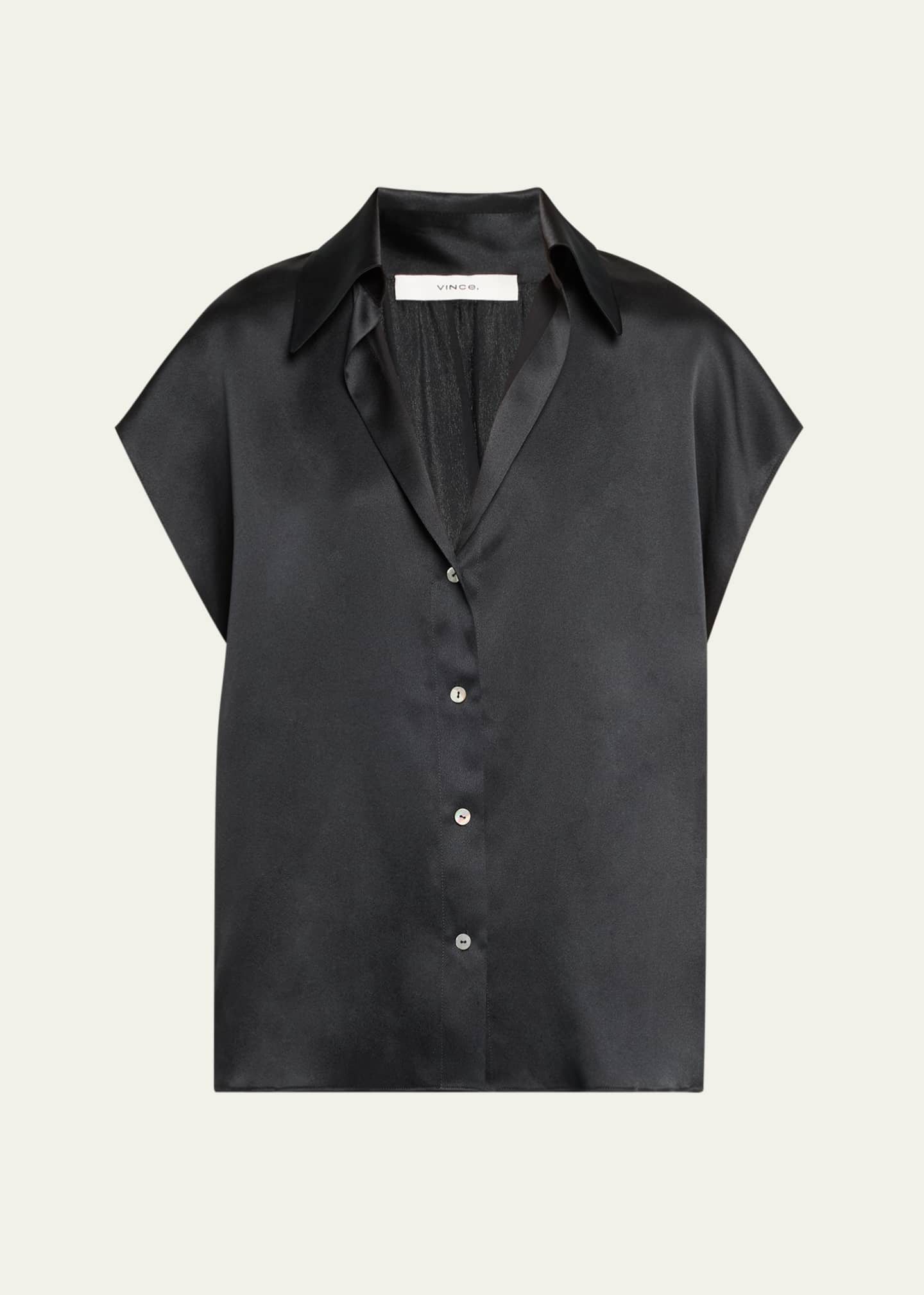 Vince Cap-Sleeve Ruched-Back Silk Blouse Image 1 of 5
