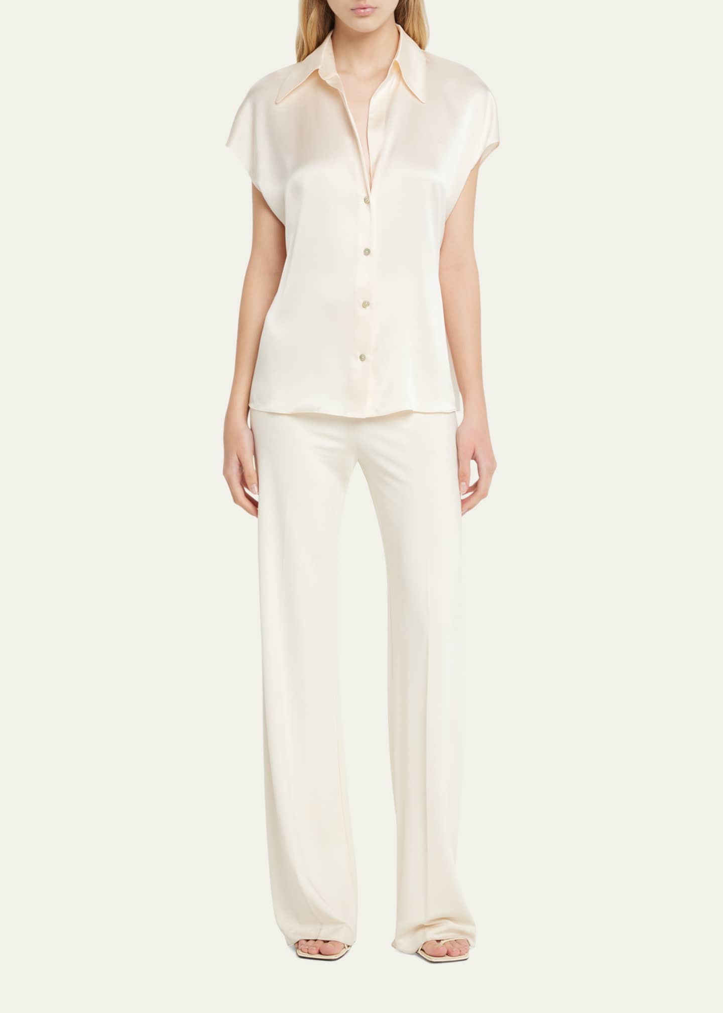 Vince Cap-Sleeve Ruched-Back Silk Blouse Image 2 of 5