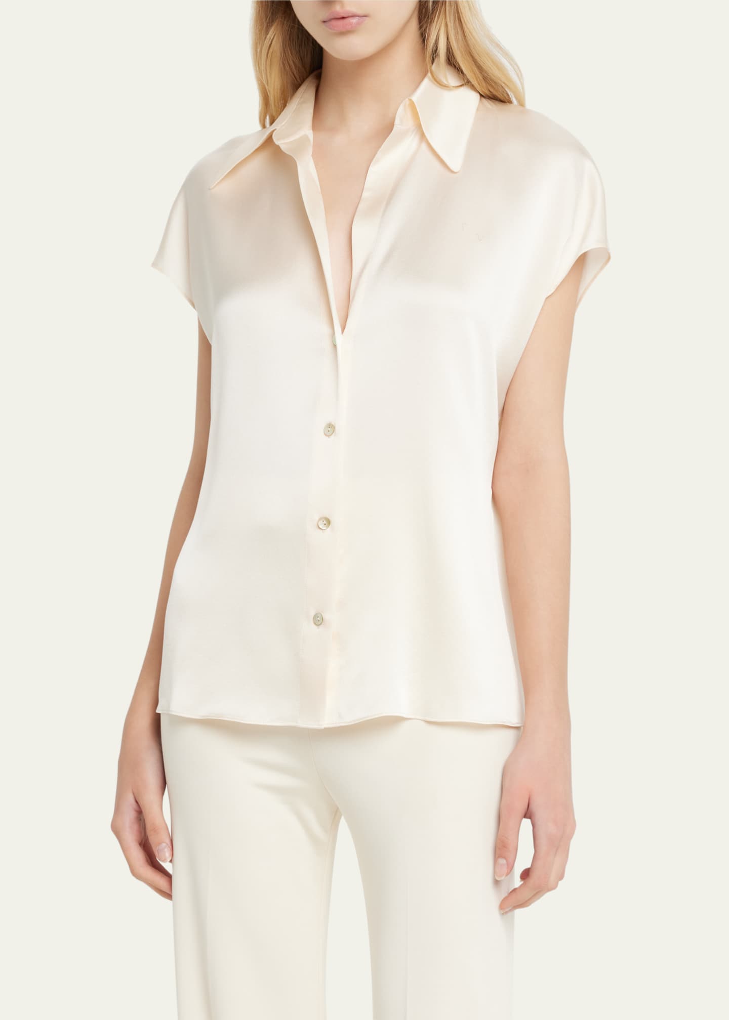 Vince Cap-Sleeve Ruched-Back Silk Blouse Image 4 of 5