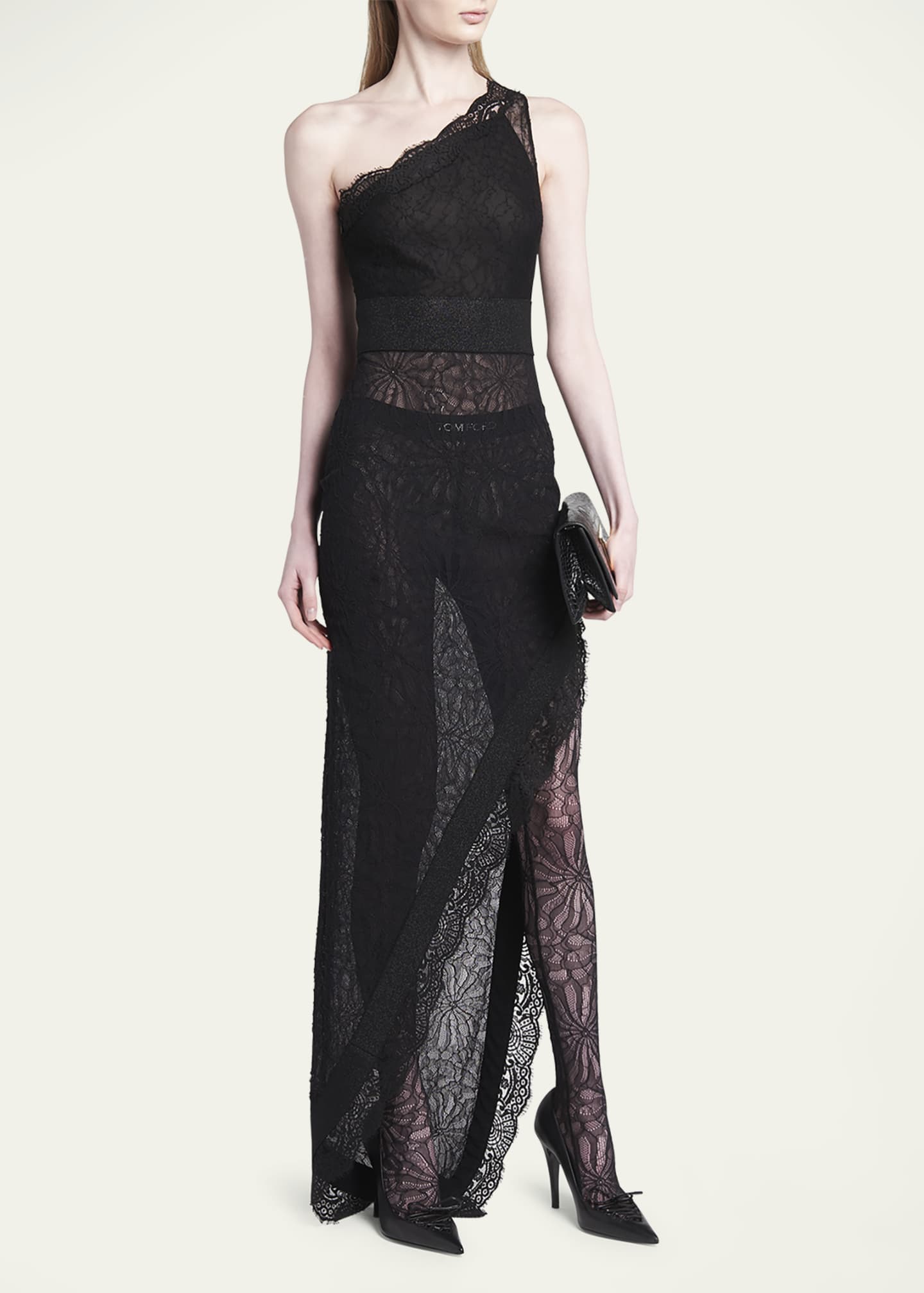 TOM FORD Intertwining Rose Chantilly Lace One Shoulder Gown