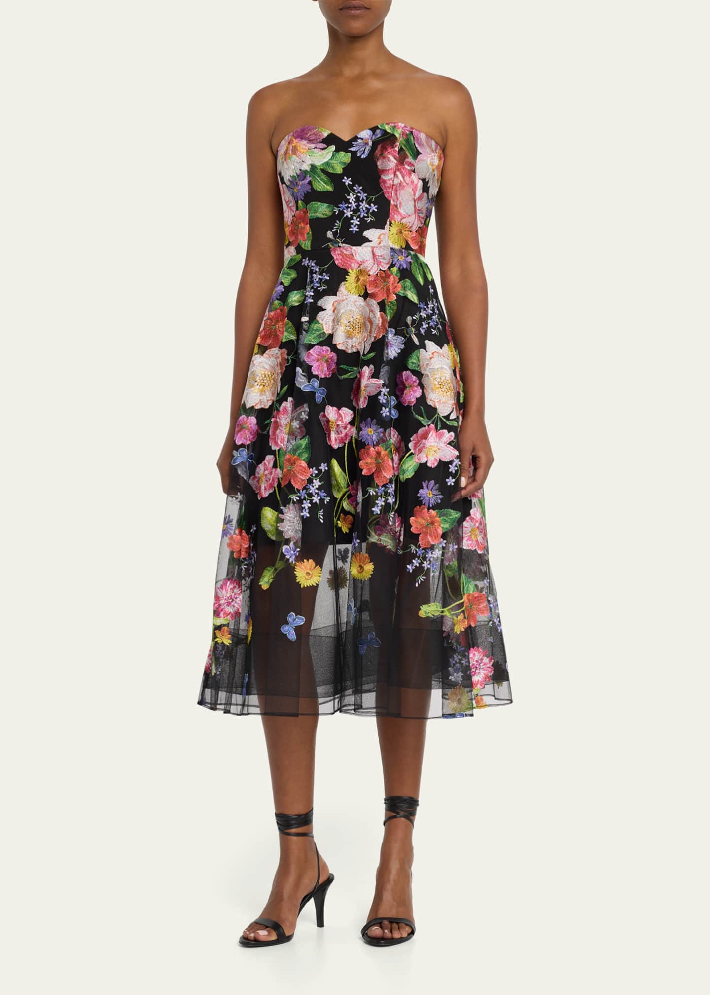 Marchesa Notte Strapless Floral-Embroidered Tulle Midi Dress - Bergdorf ...