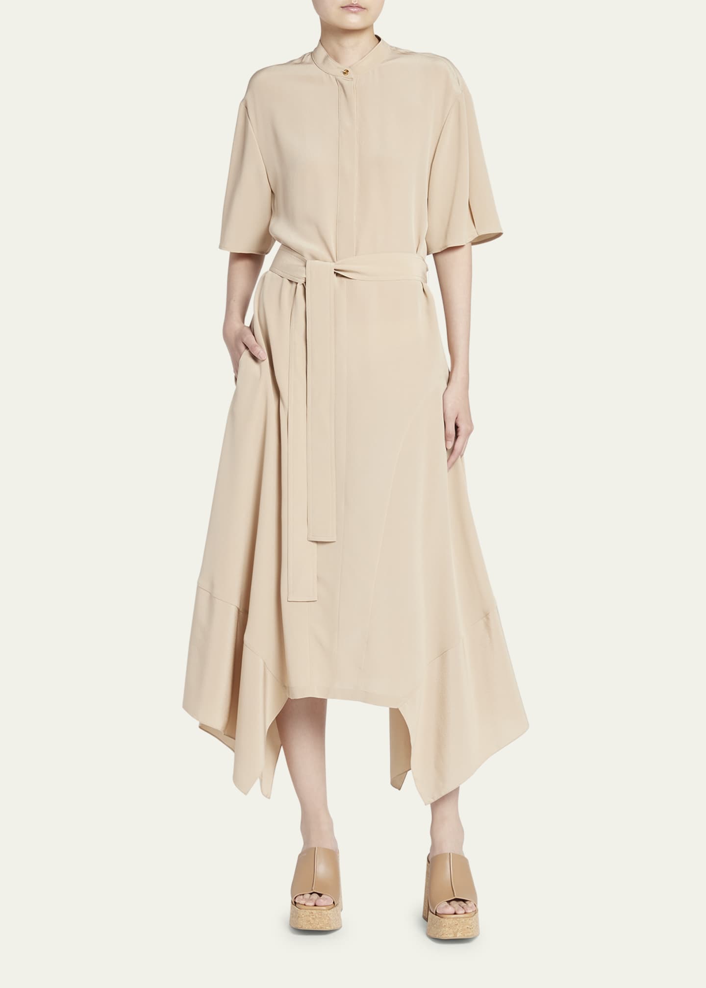 Stella McCartney Silk Crepe De Chine Midi Dress with Tie Belt