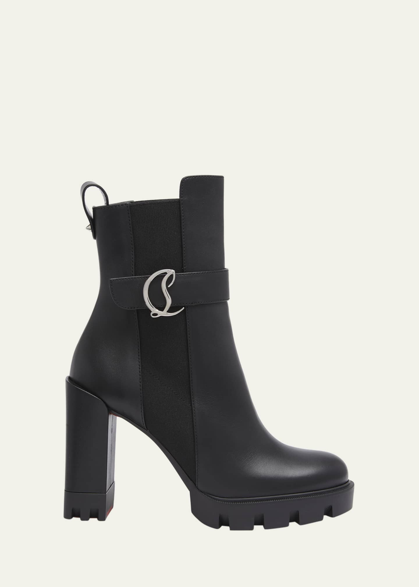 Christian Louboutin Leather Buckle Red Lug Sole Chelsea Booties