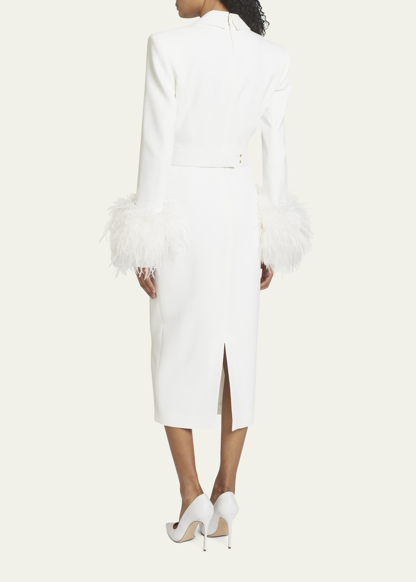 Andrew Gn Woven Midi Dress with Feather Cuffs and Crystal Belt ...