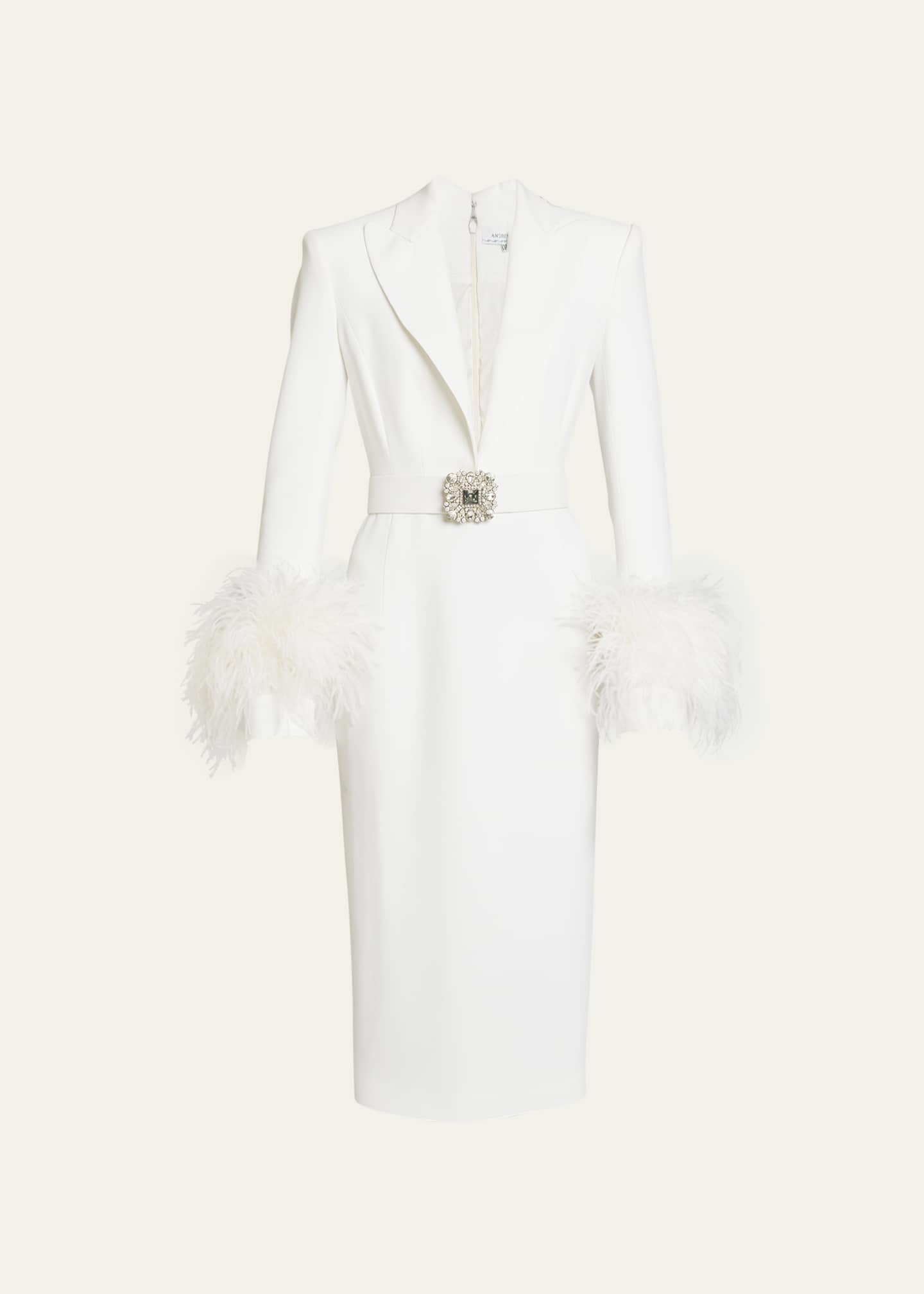 Andrew Gn Woven Midi Dress with Feather Cuffs and Crystal Belt