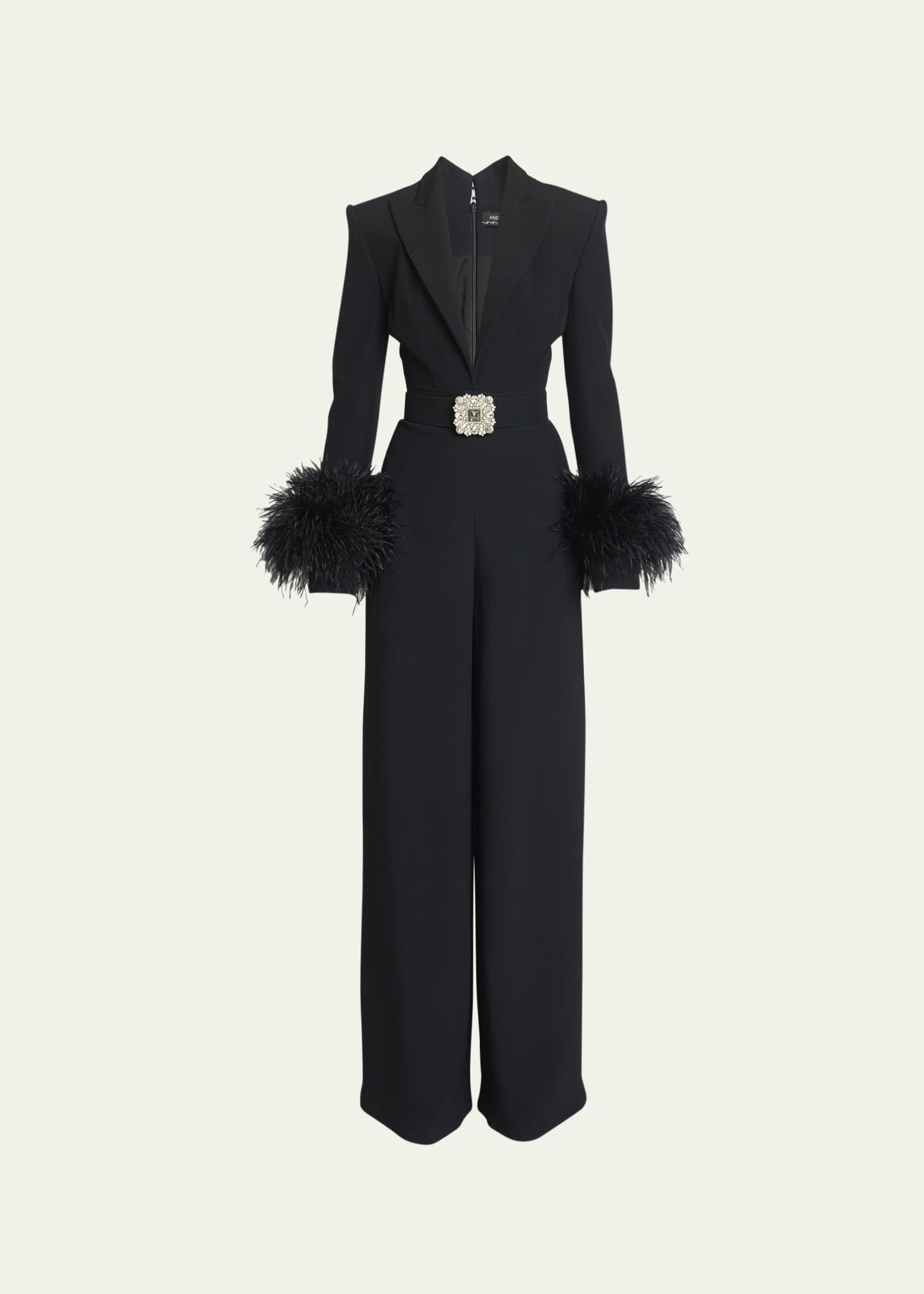 Andrew Gn Woven Belted Jumpsuit with Feather Cuffs and Crystal Detail ...