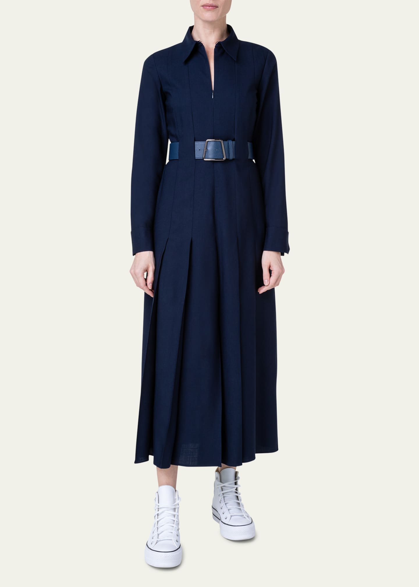 Akris Wool Zip-Front Midi Dress with Leather Belt - Bergdorf Goodman