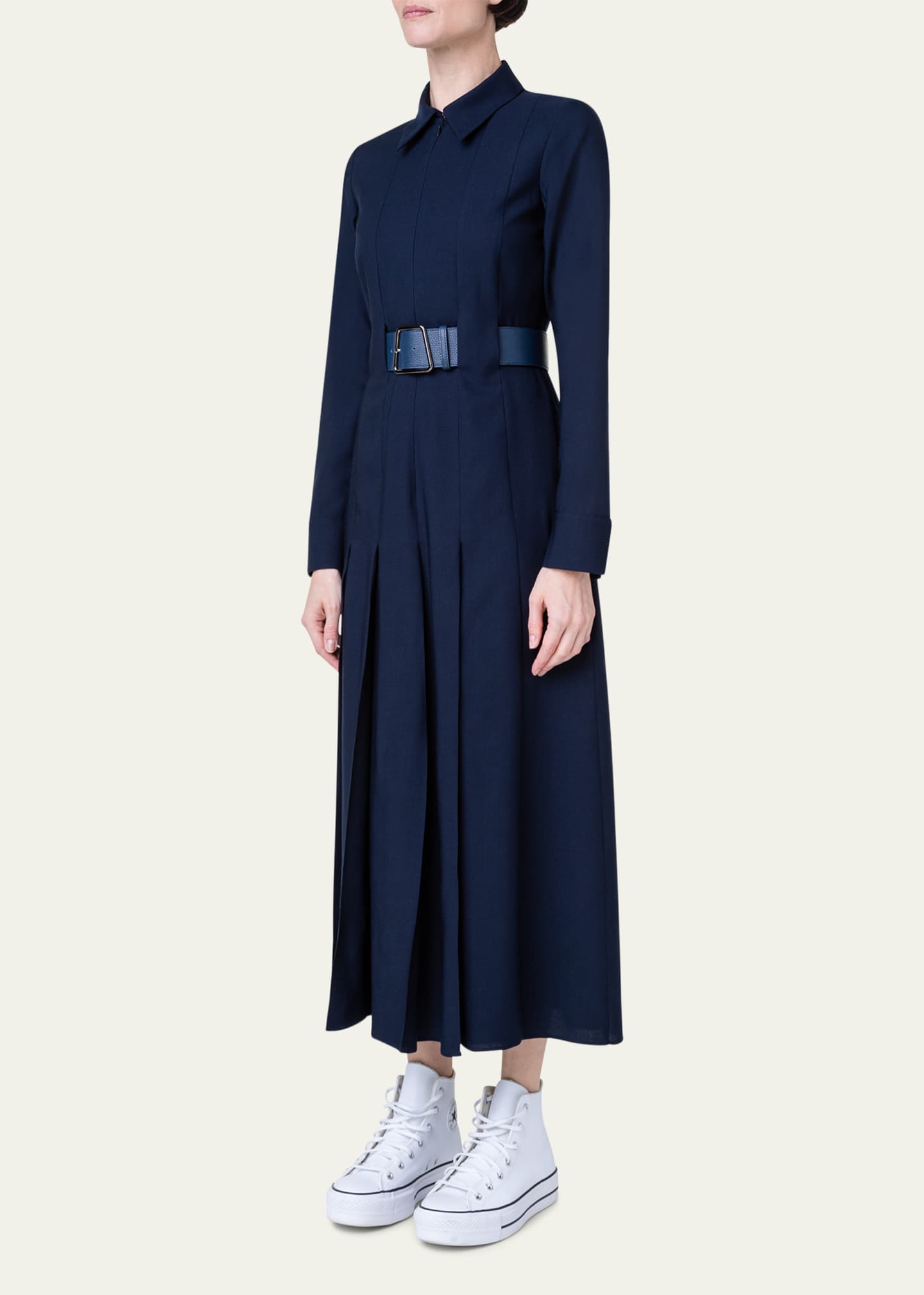 Akris Wool Zip-Front Midi Dress with Leather Belt - Bergdorf Goodman