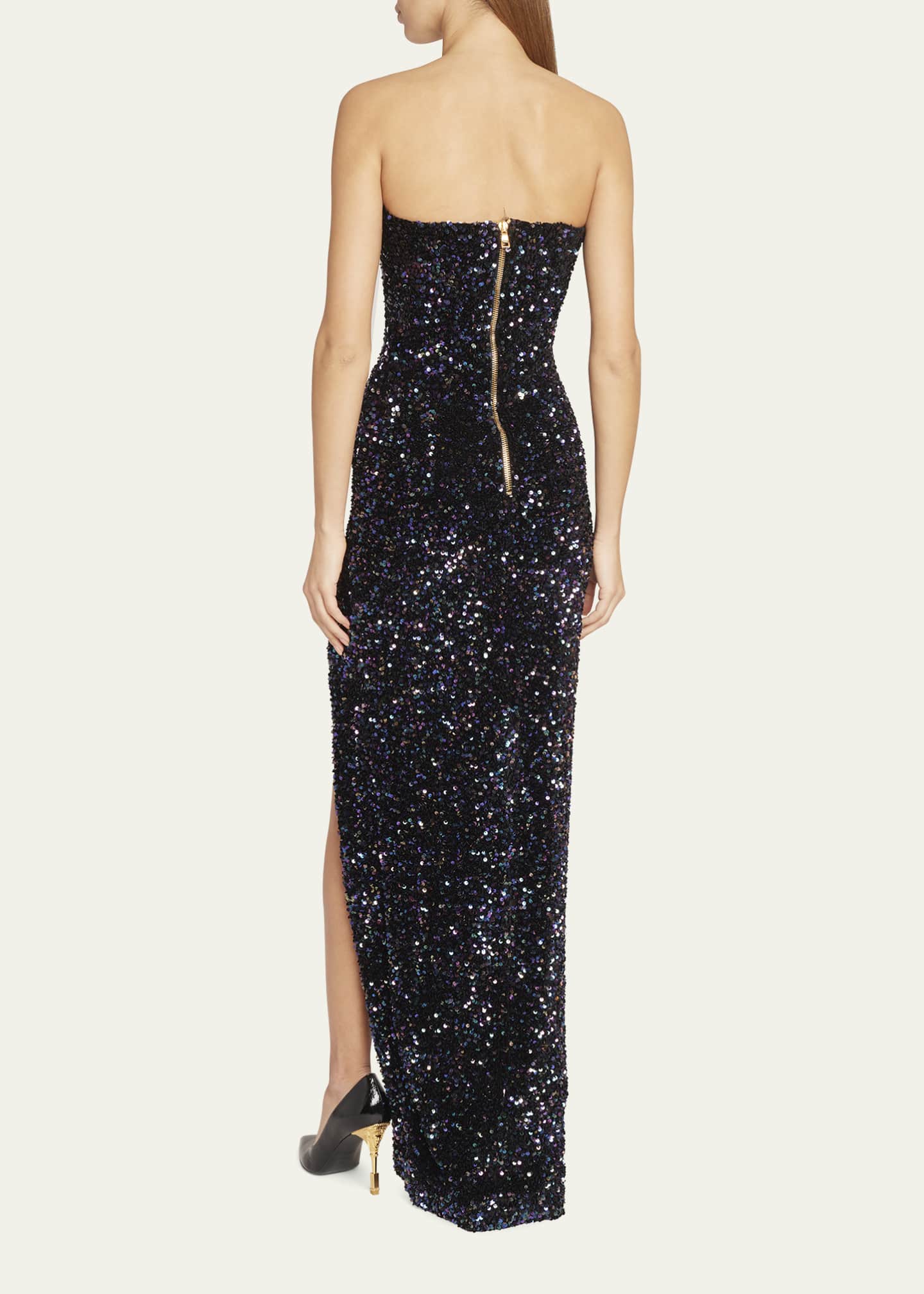 Balmain Strapless Bustier Glitter Long Dress with Slit - Bergdorf Goodman