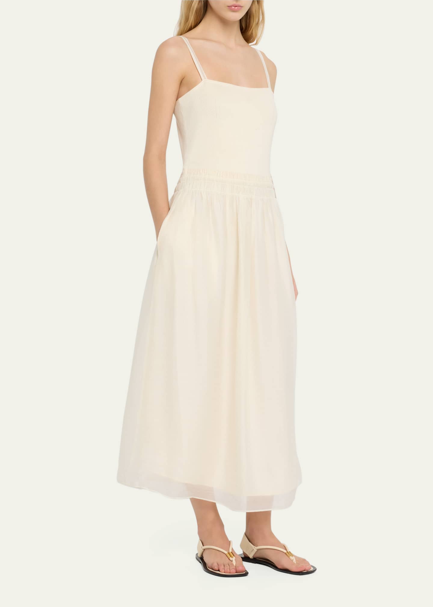 Vince Smocked Mixed Media Cami Midi Dress - Bergdorf Goodman