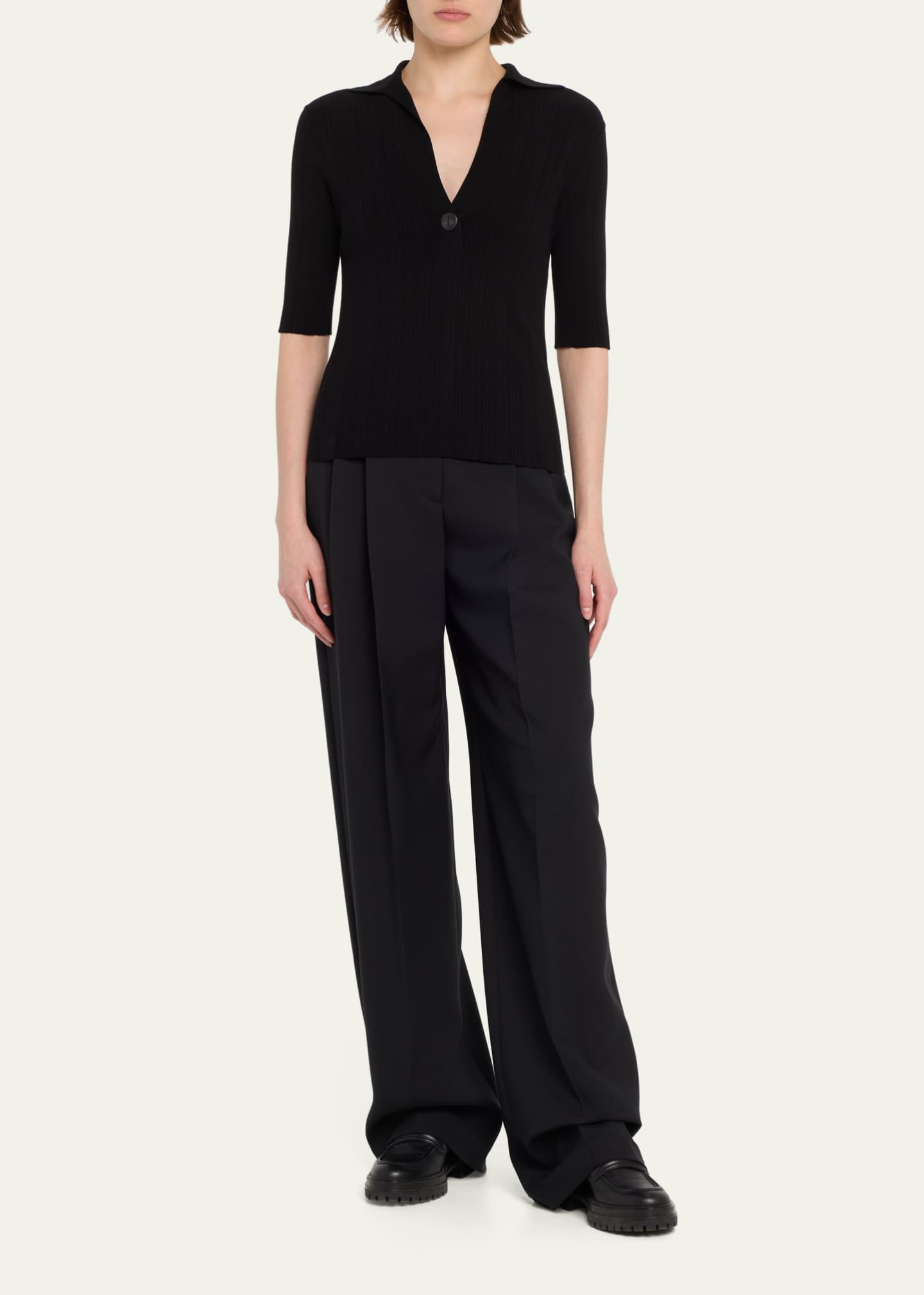 Vince ElbowSleeve Knit Polo Top Bergdorf Goodman