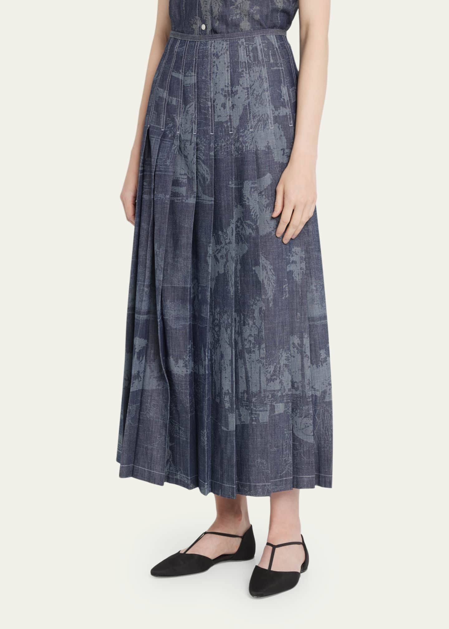 Lafayette 148 New York Pleated Topstitch Cotton Midi Skirt Bergdorf