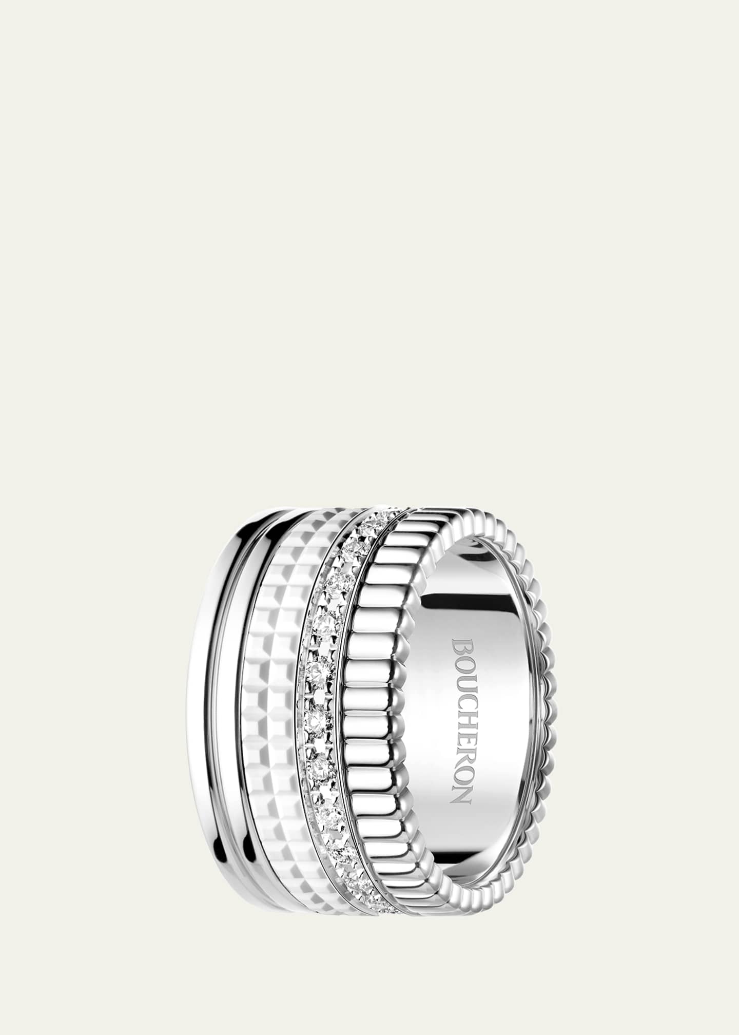 Boucheron 18K White Gold Large Quatre Double Ring with White HyCeram and Diamonds Image 2 of 3