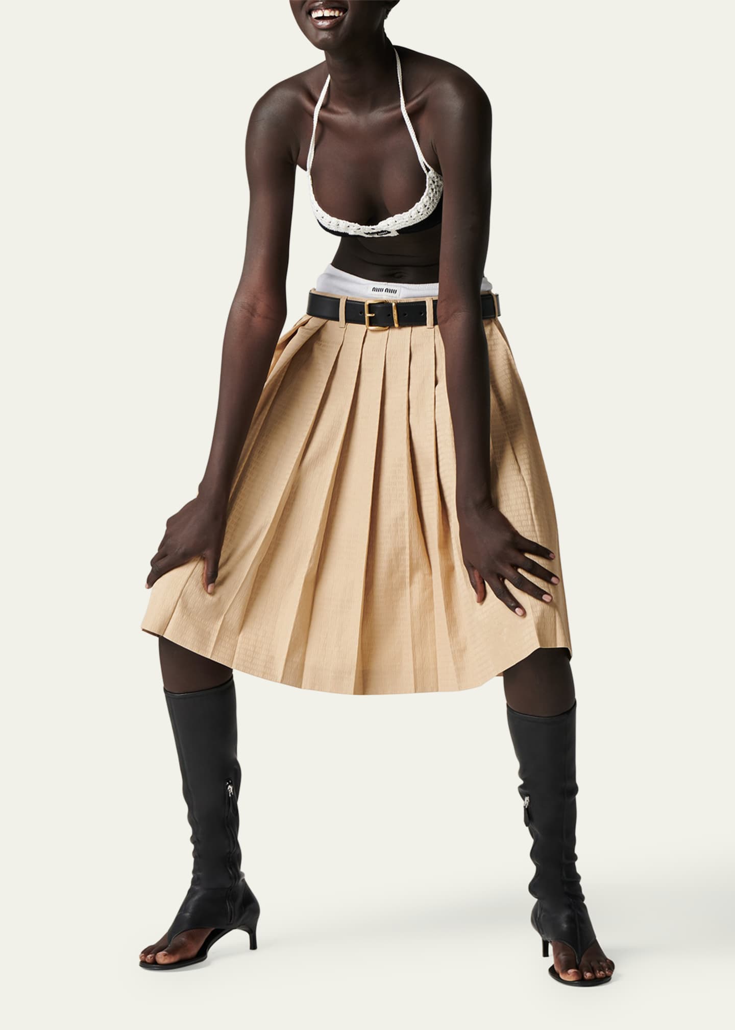 Miu Miu Logo Popeline Jacquard Pleated Skirt Image 2 of 3