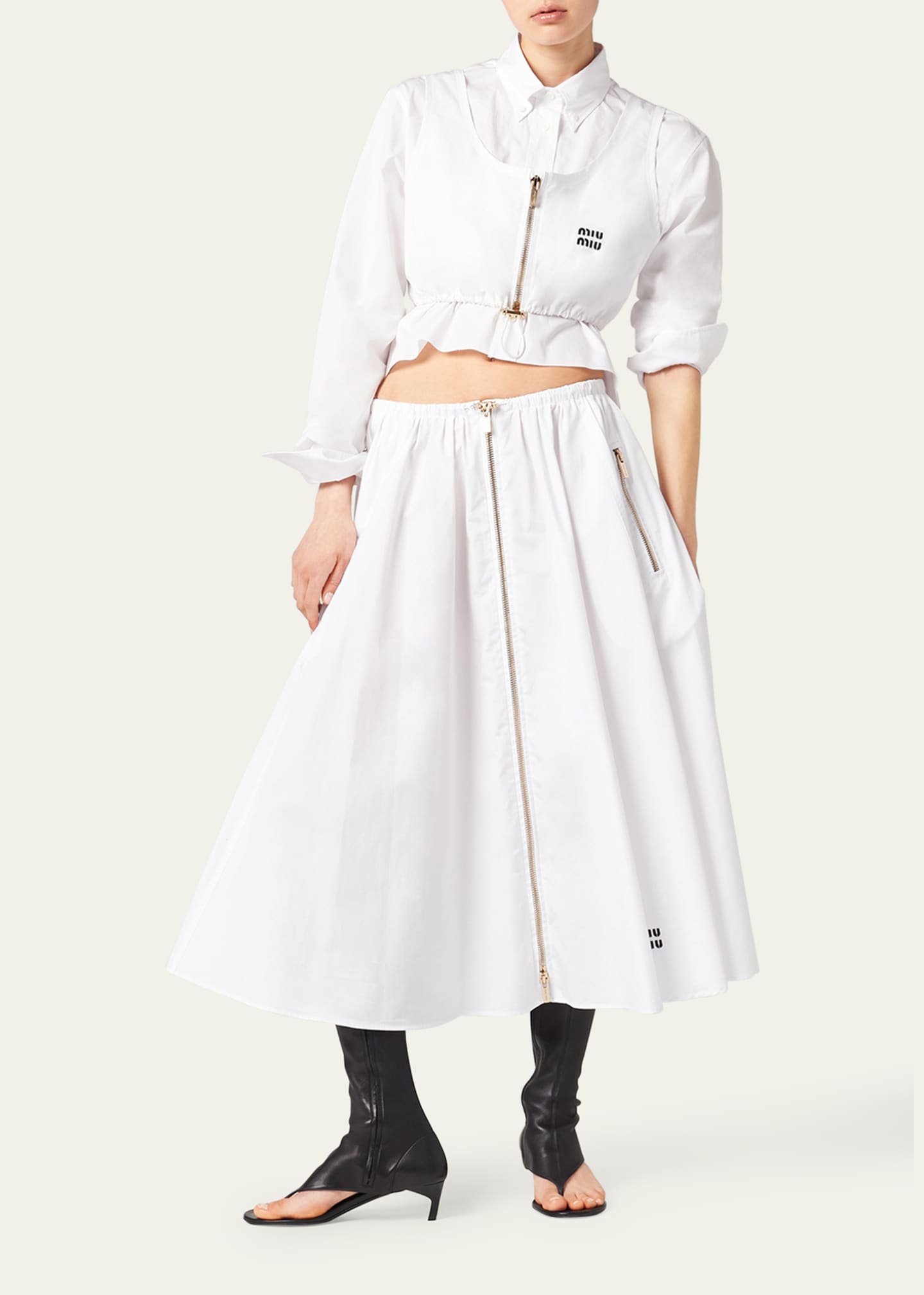 Miu Miu Popeline Drawstring Zip-Front Midi Skirt - Bergdorf Goodman