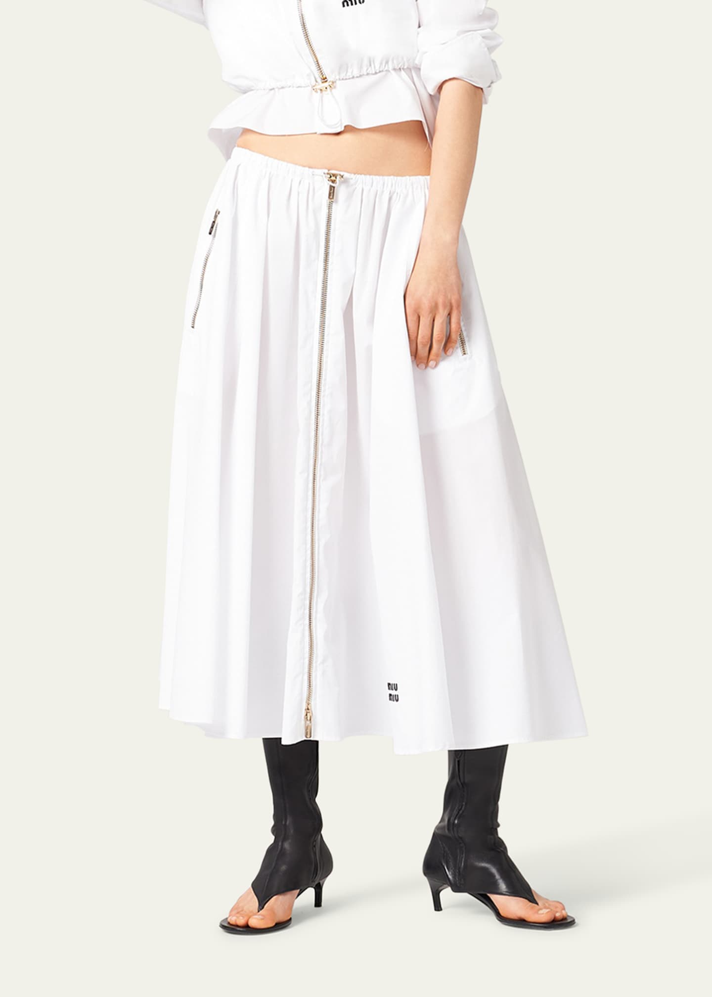 Miu Miu Popeline Drawstring Zip-Front Midi Skirt - Bergdorf Goodman