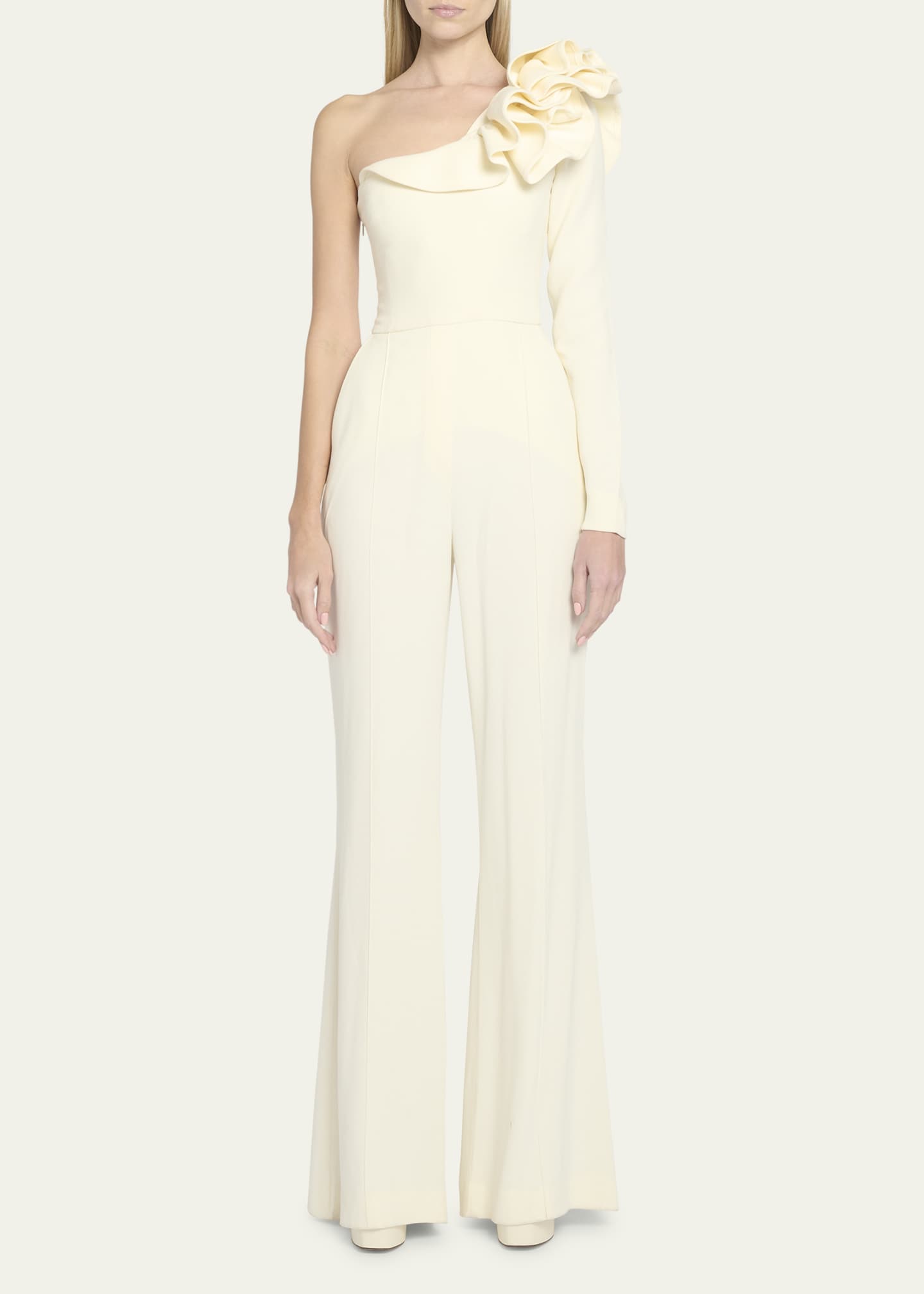 Elie Saab One Shoulder Flared Cady Jumpsuit with Rosette Detail