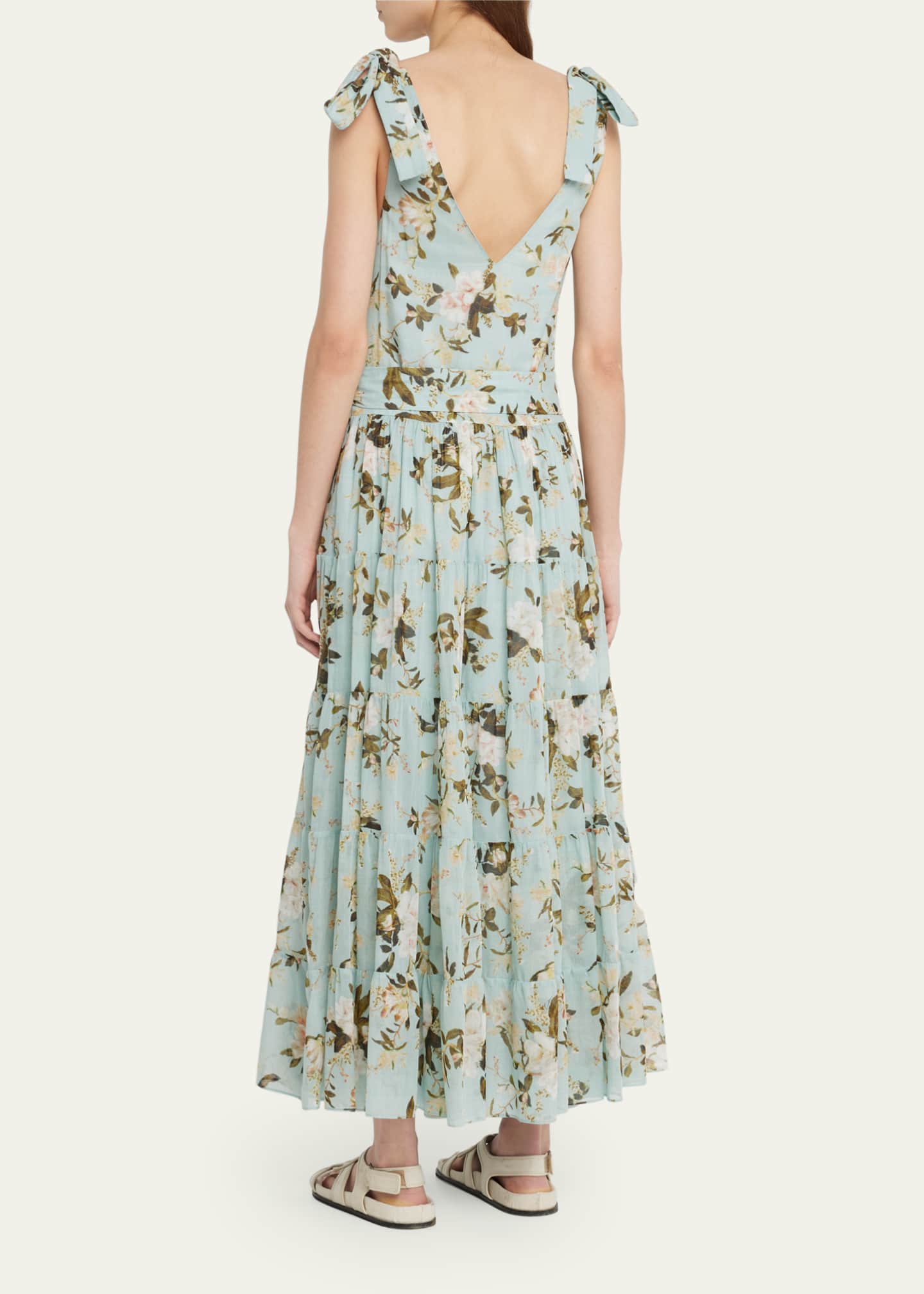 Erdem Floral Print Tiered Midi Dress with Self Tie Shoulder Detail