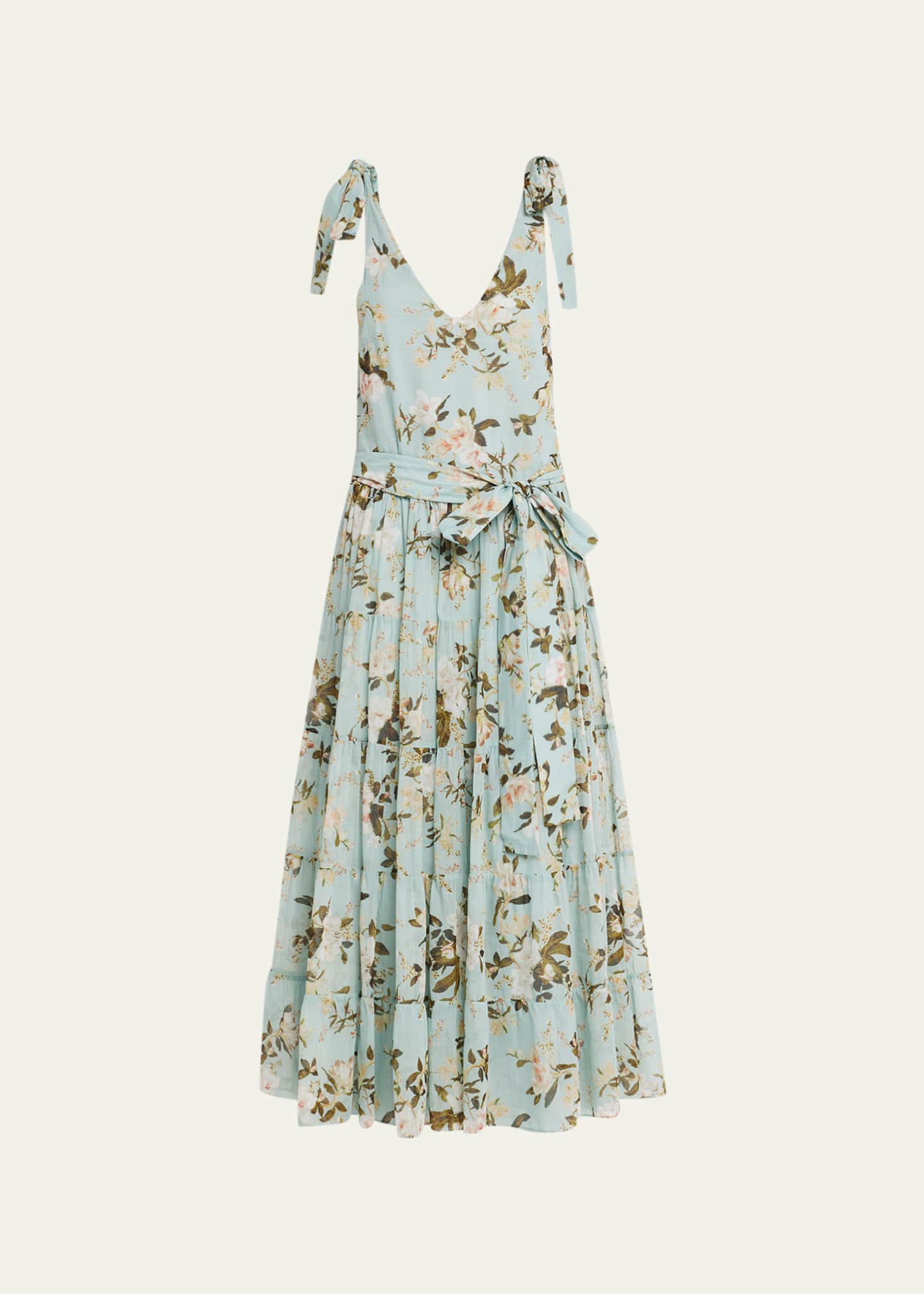 Erdem Floral Print Tiered Midi Dress with Self Tie Shoulder Detail