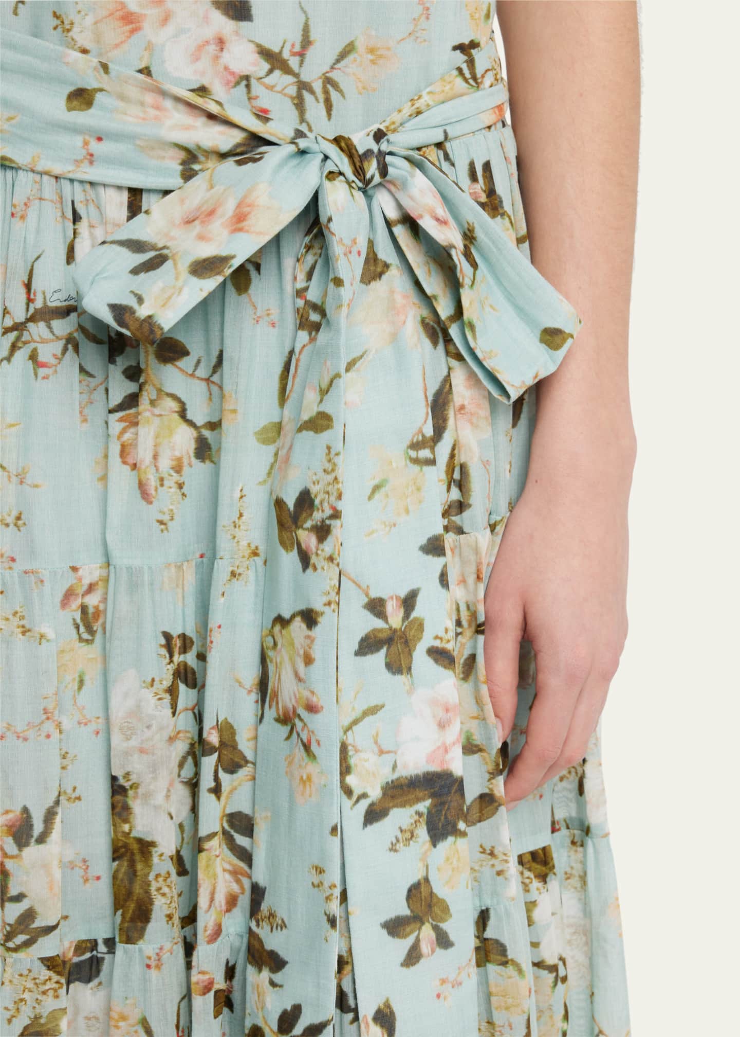 Erdem Floral Print Tiered Midi Dress with Self Tie Shoulder Detail