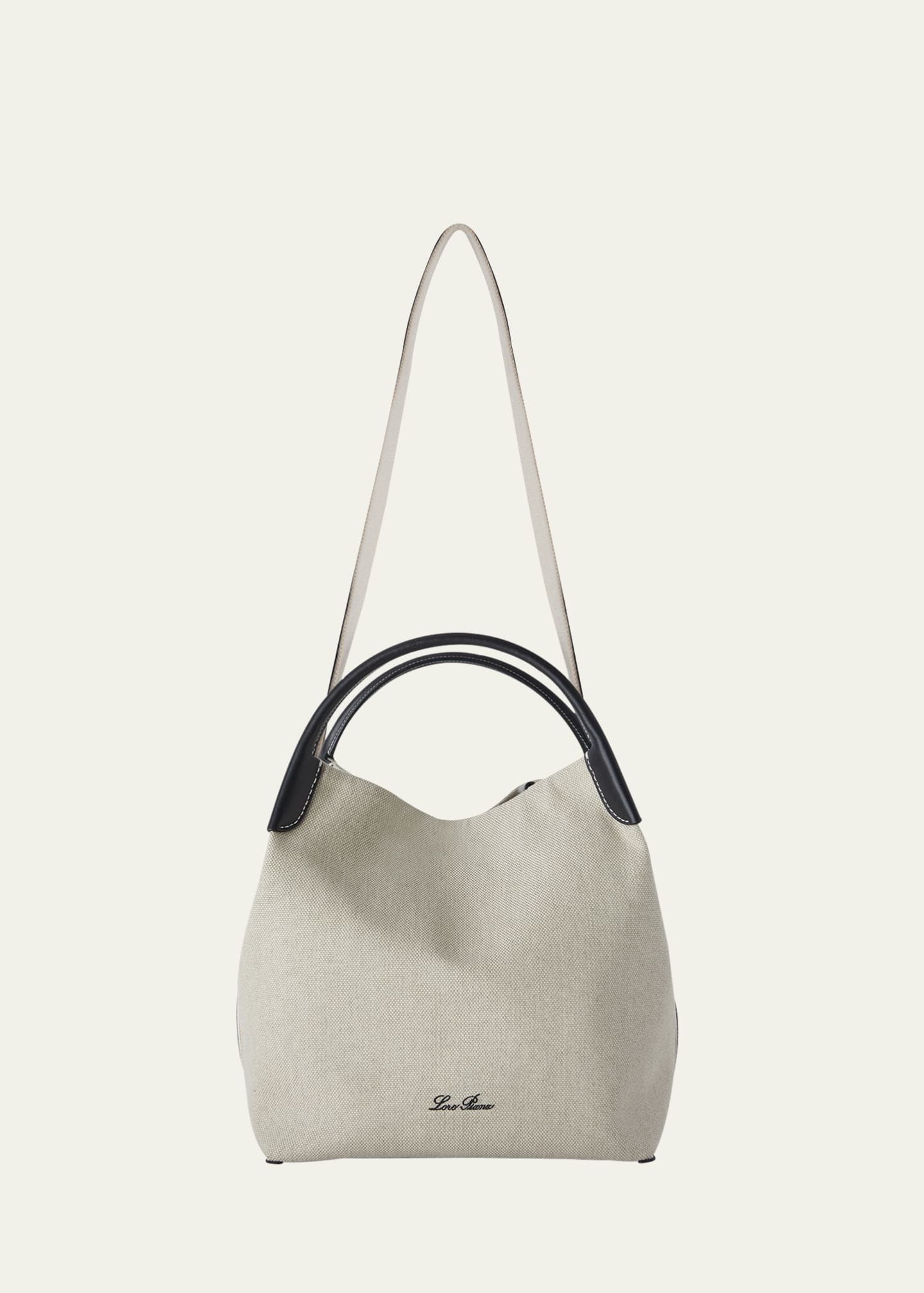 Loro Piana Large Bale Canvas Leather Shoulder Bag