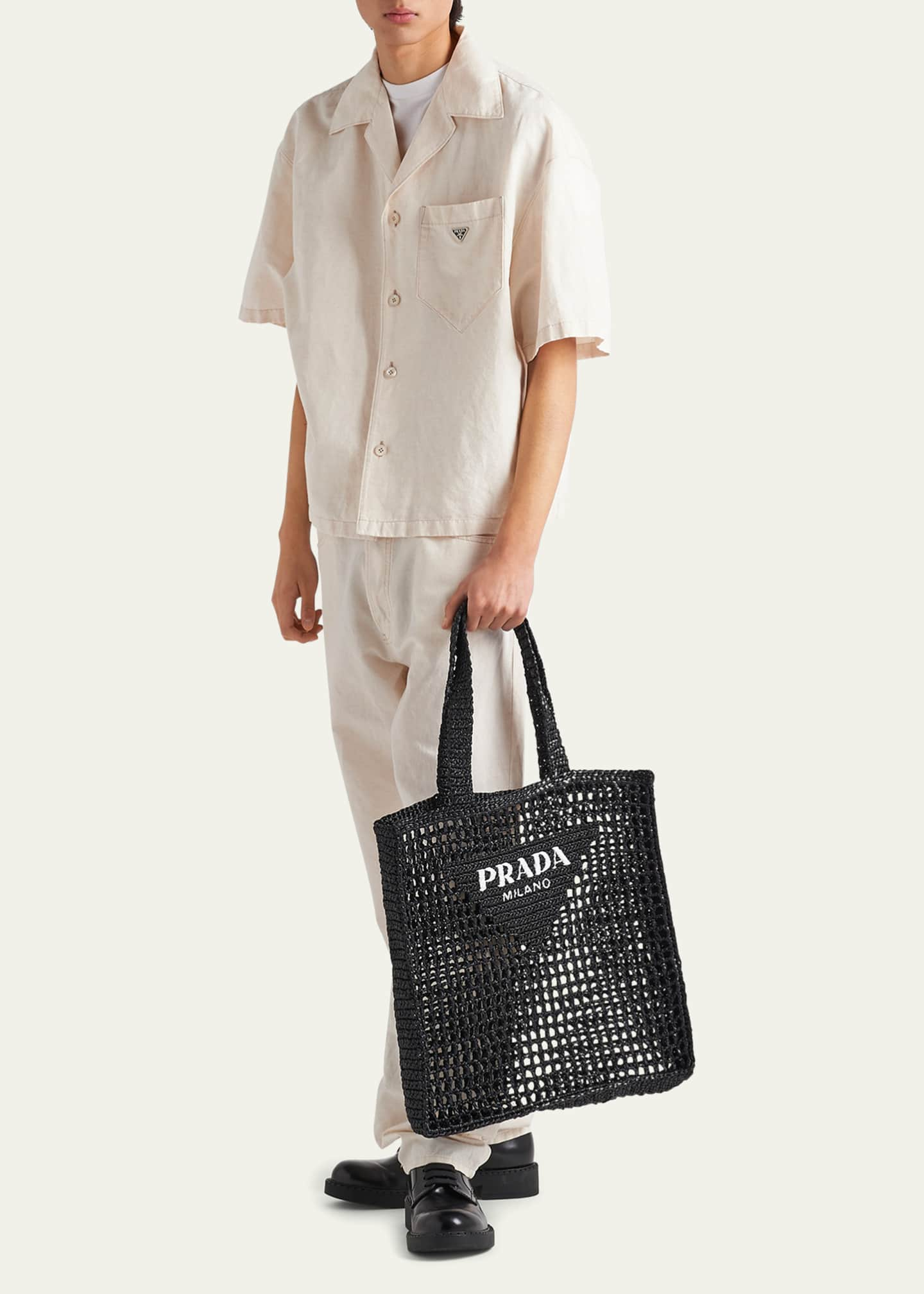 Prada Men's Triangle Logo Raffia Tote Bag