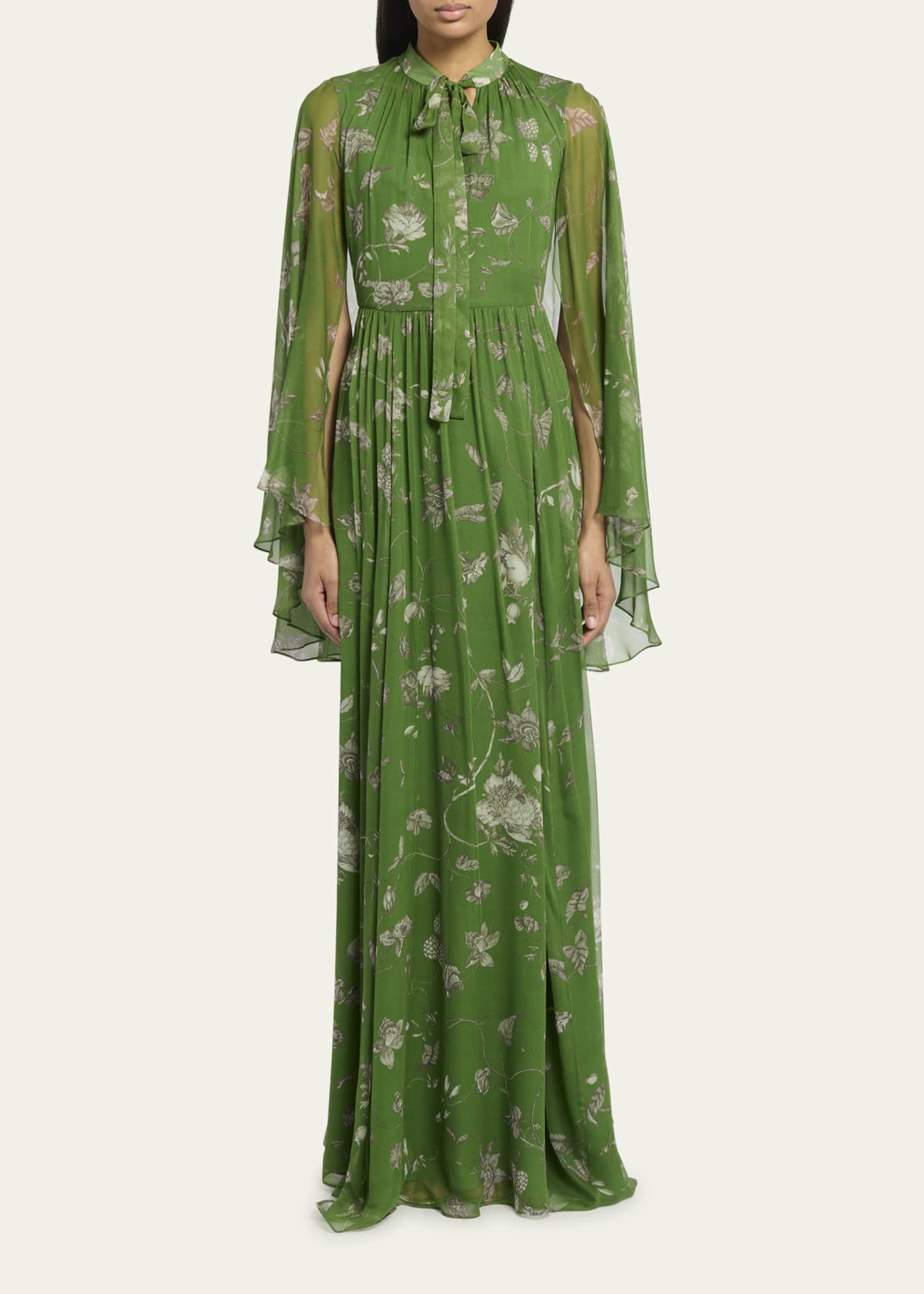 Erdem Floral Print Cape Effect Gown with Bow Neck Detail - Bergdorf Goodman