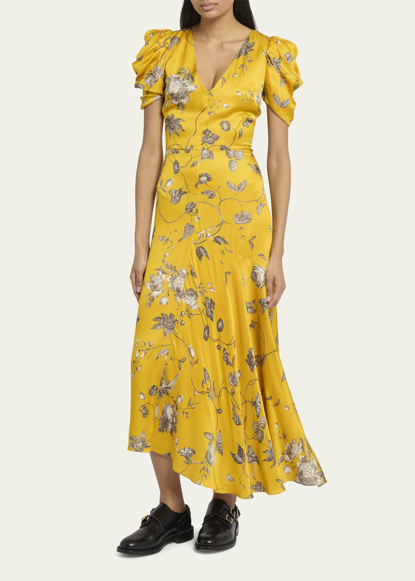 Erdem Floral Print Aysmmetrical Midi Dress with Puff Sleeves - Bergdorf ...