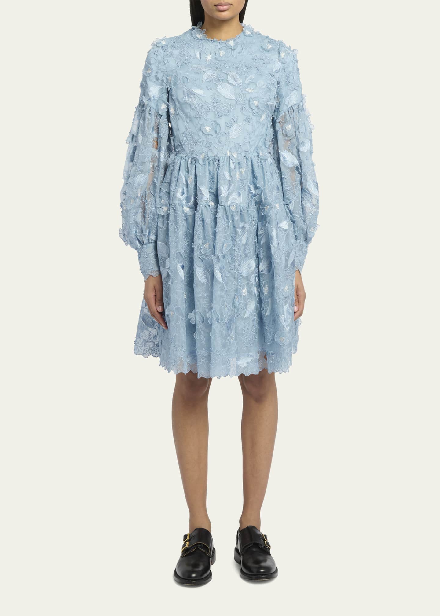 Erdem Floral Embroidered Applique Long-Sleeve Tiered Dress - Bergdorf ...