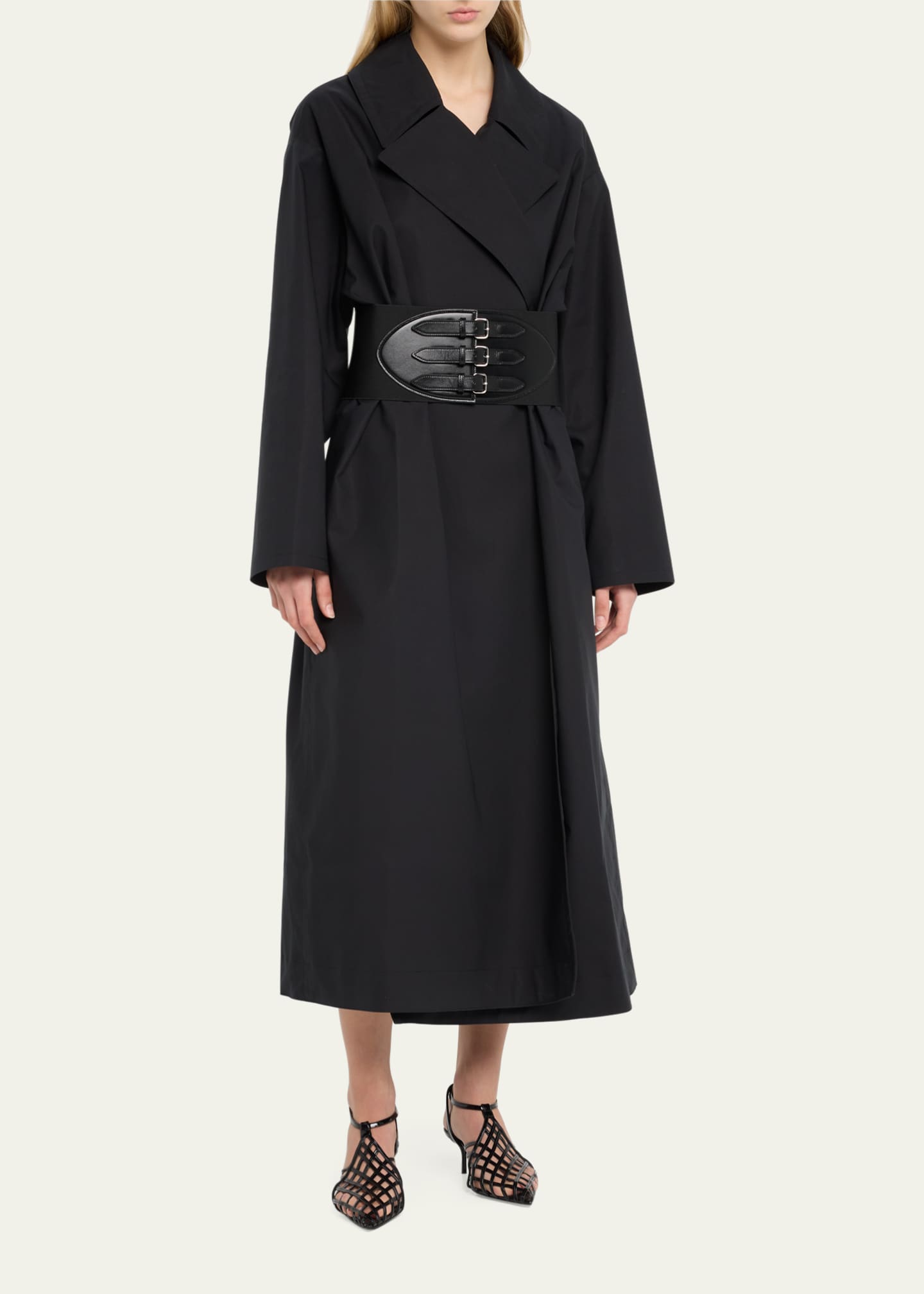 ALAIA Long Trench Coat with Leather Corset Belt - Bergdorf Goodman