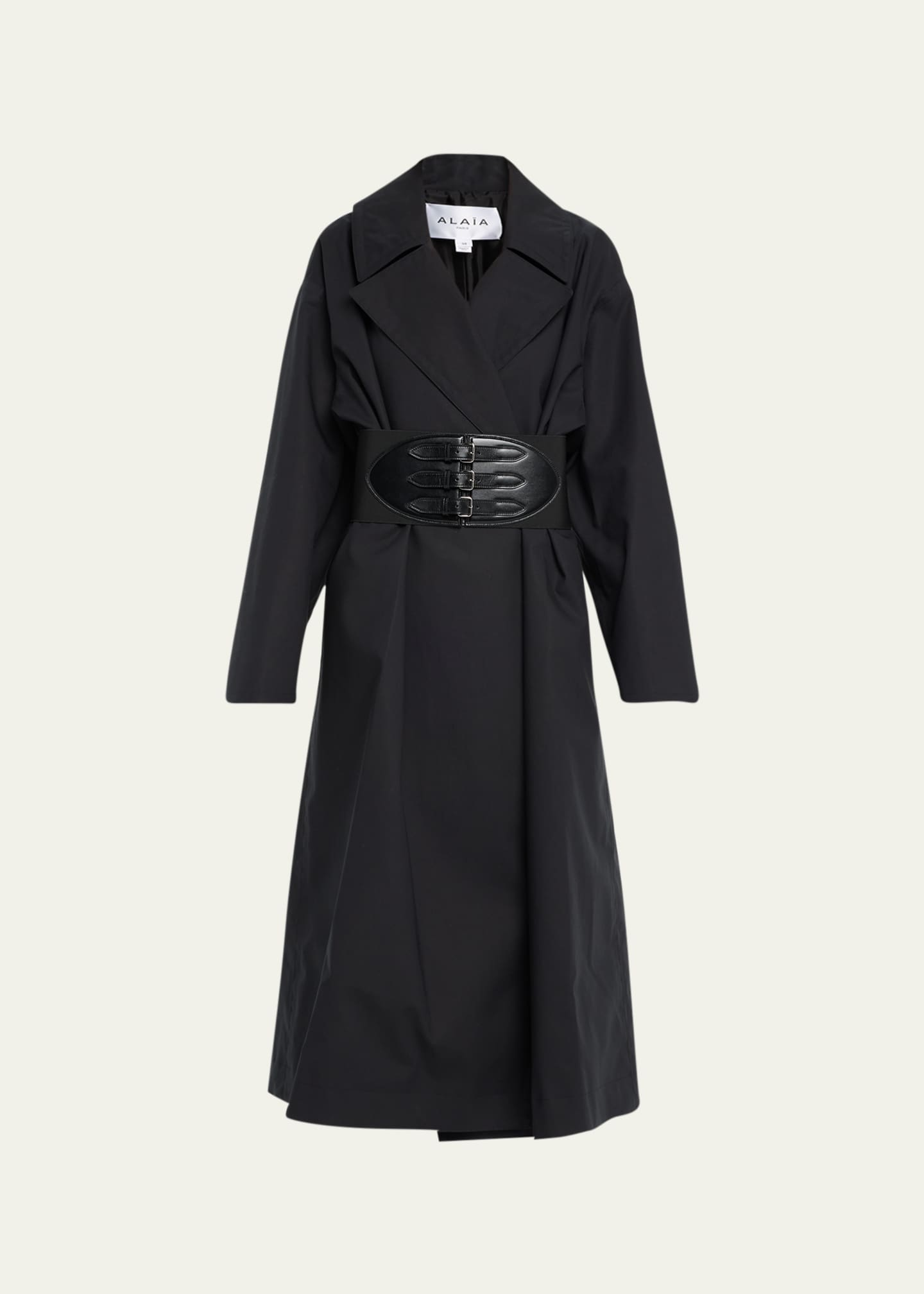 ALAIA Long Trench Coat with Leather Corset Belt - Bergdorf Goodman