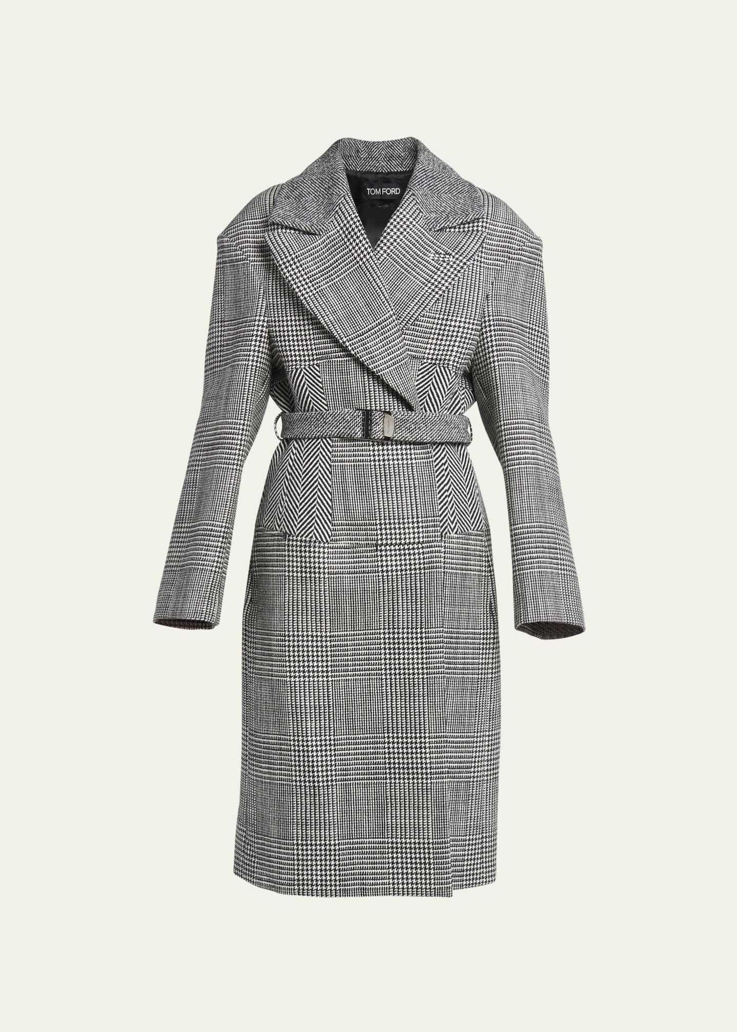 TOM FORD Belted Patchwork Prince Of Wales Wool Overcoat - Bergdorf Goodman