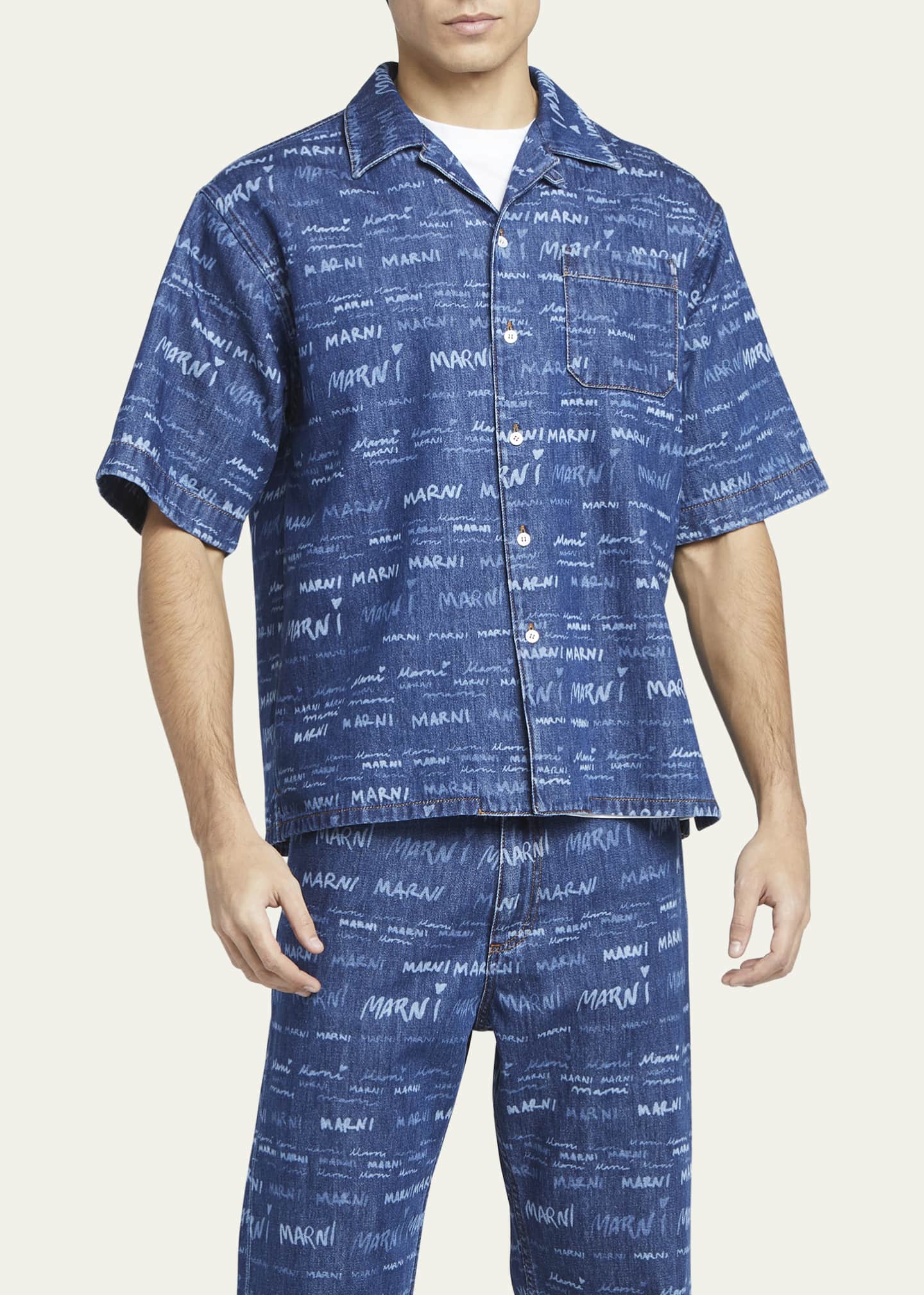 Marni Men's AlloverLogo Denim Camp Shirt Bergdorf Goodman