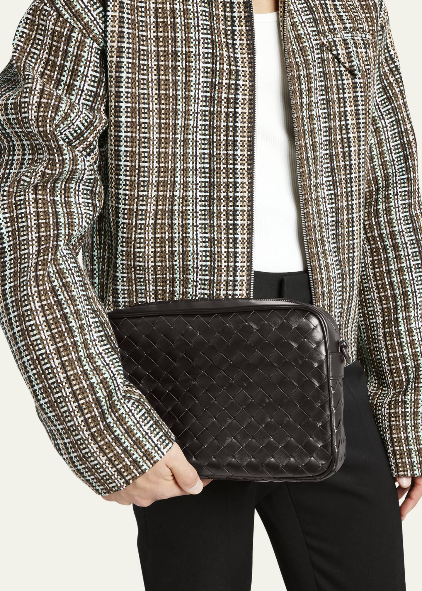 Bottega Veneta Men's Intrecciato Suede Shoulder Bag Brown