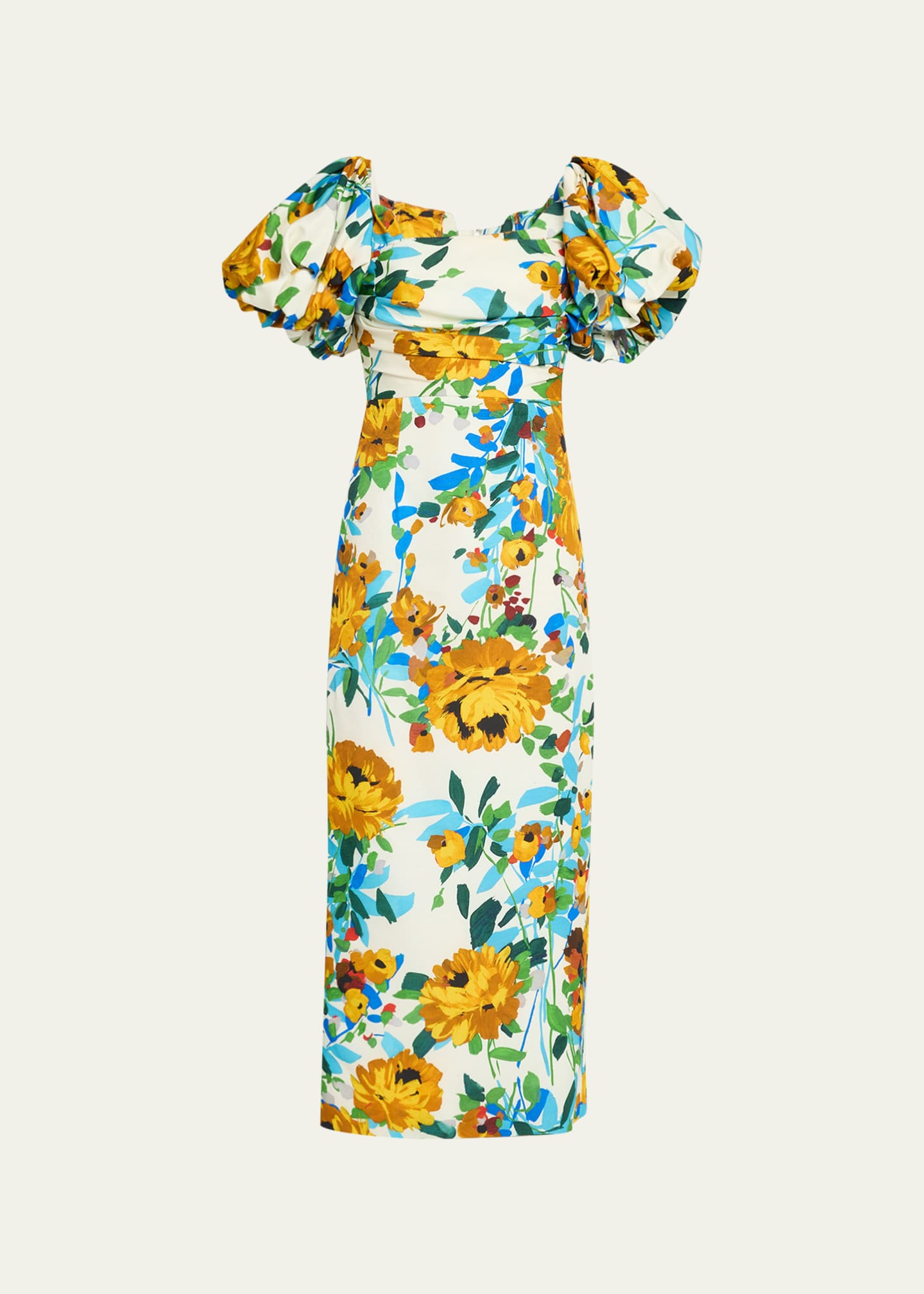 Lela Rose Floral Print Midi Dress with Puff Sleeves Bergdorf Goodman