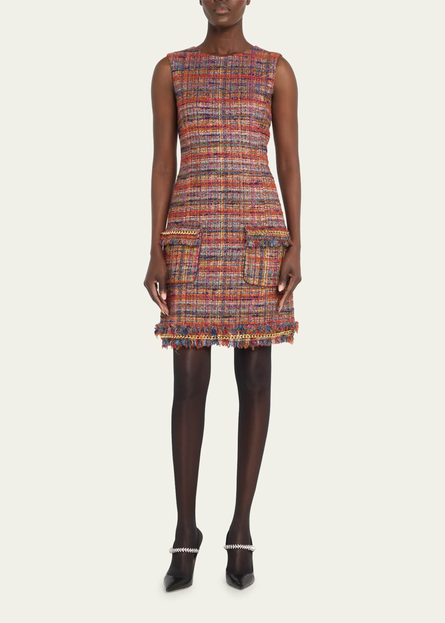 Prabal Gurung Tweed Frayed Trim Mini Dress with Chain Detail