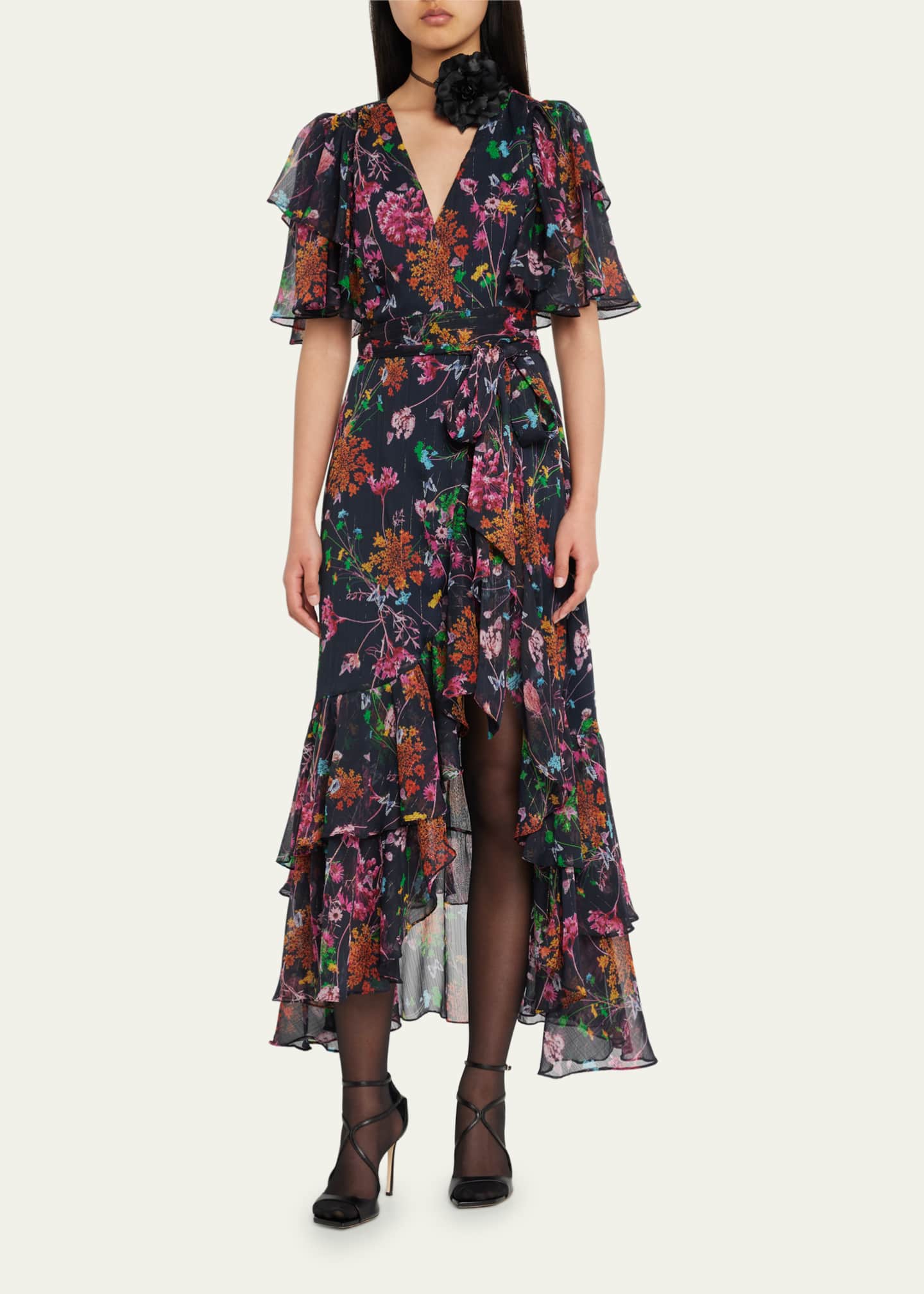 Prabal Gurung Floral Flutter Sleeve Ruffle Wrap Midi Dress