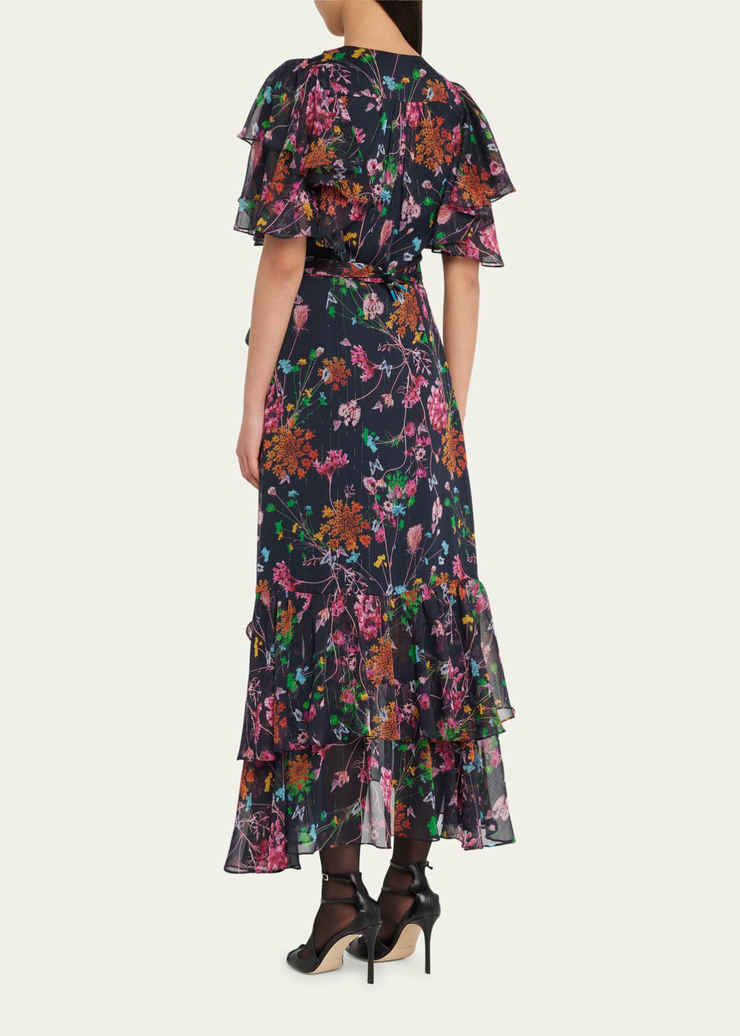 Floral Flutter-Sleeve Ruffle Wrap Midi Dress