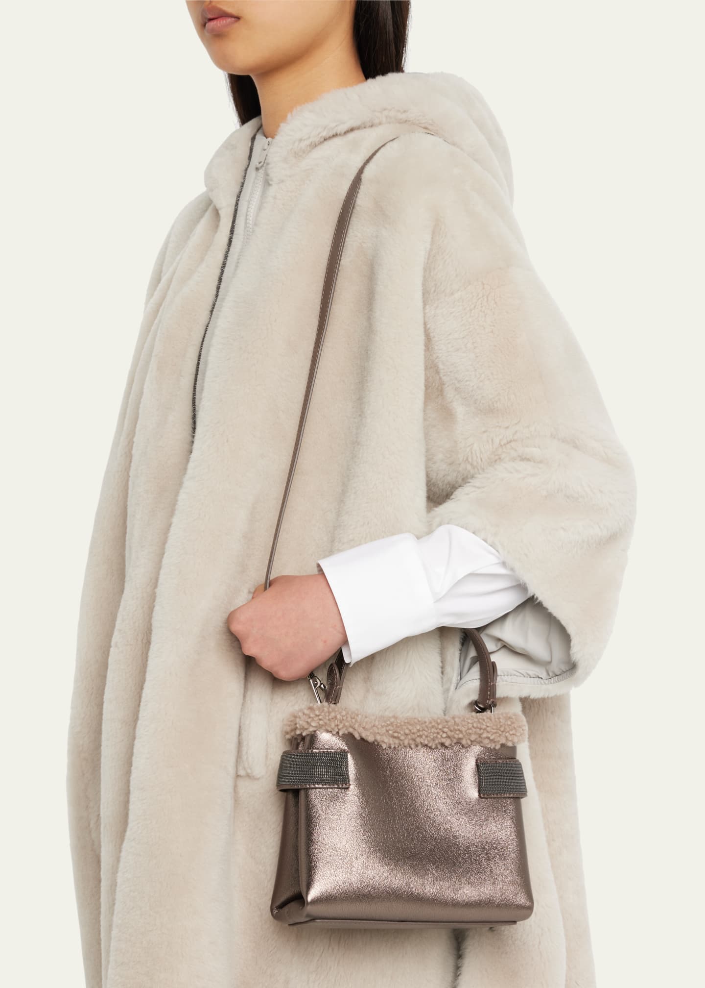 Monili Shearling Shoulder Bag in Beige - Brunello Cucinelli