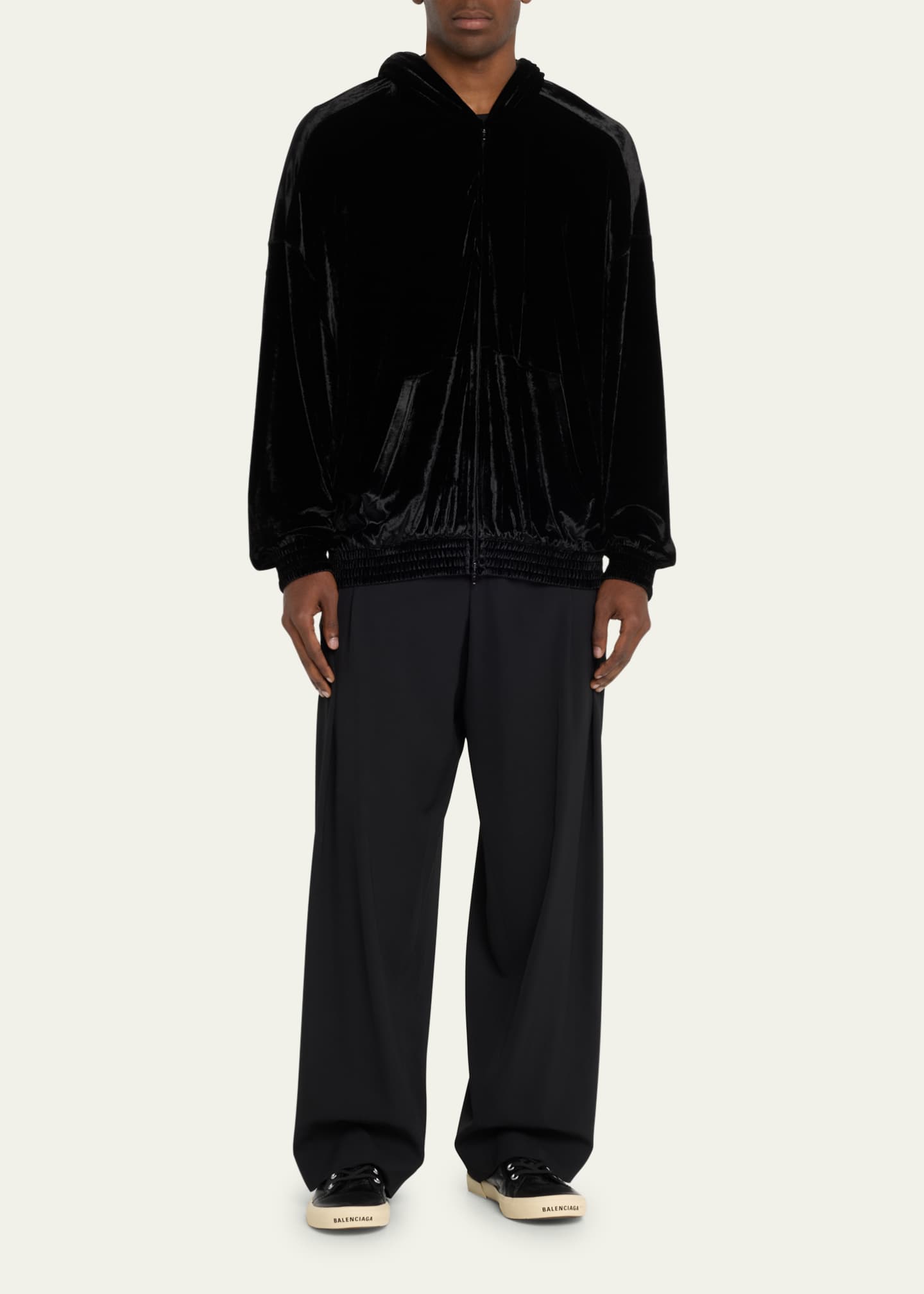 Balenciaga Men's BB Paris Icon Strass Shiny Velvet Zip-Up Hooded Jacket
