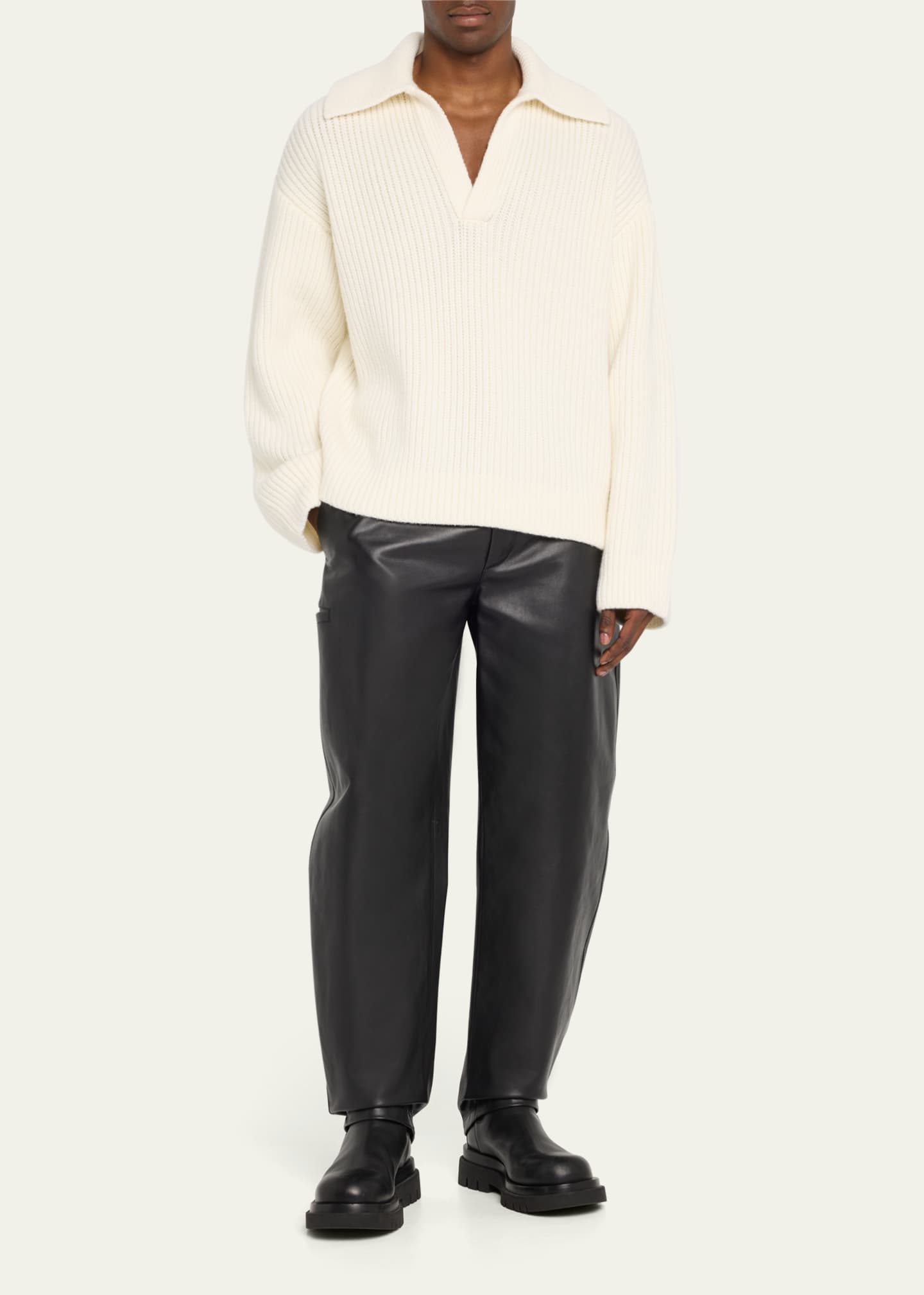 Bottega Veneta Men's Ribbed V Sailor-Collar Sweater Image 2 of 5