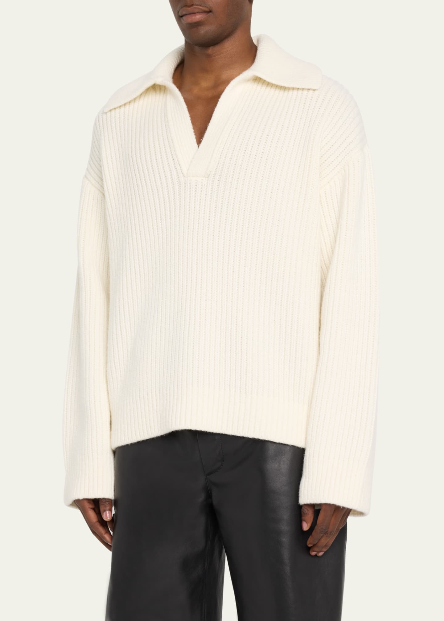 Bottega Veneta Men's Ribbed V Sailor-Collar Sweater Image 4 of 5