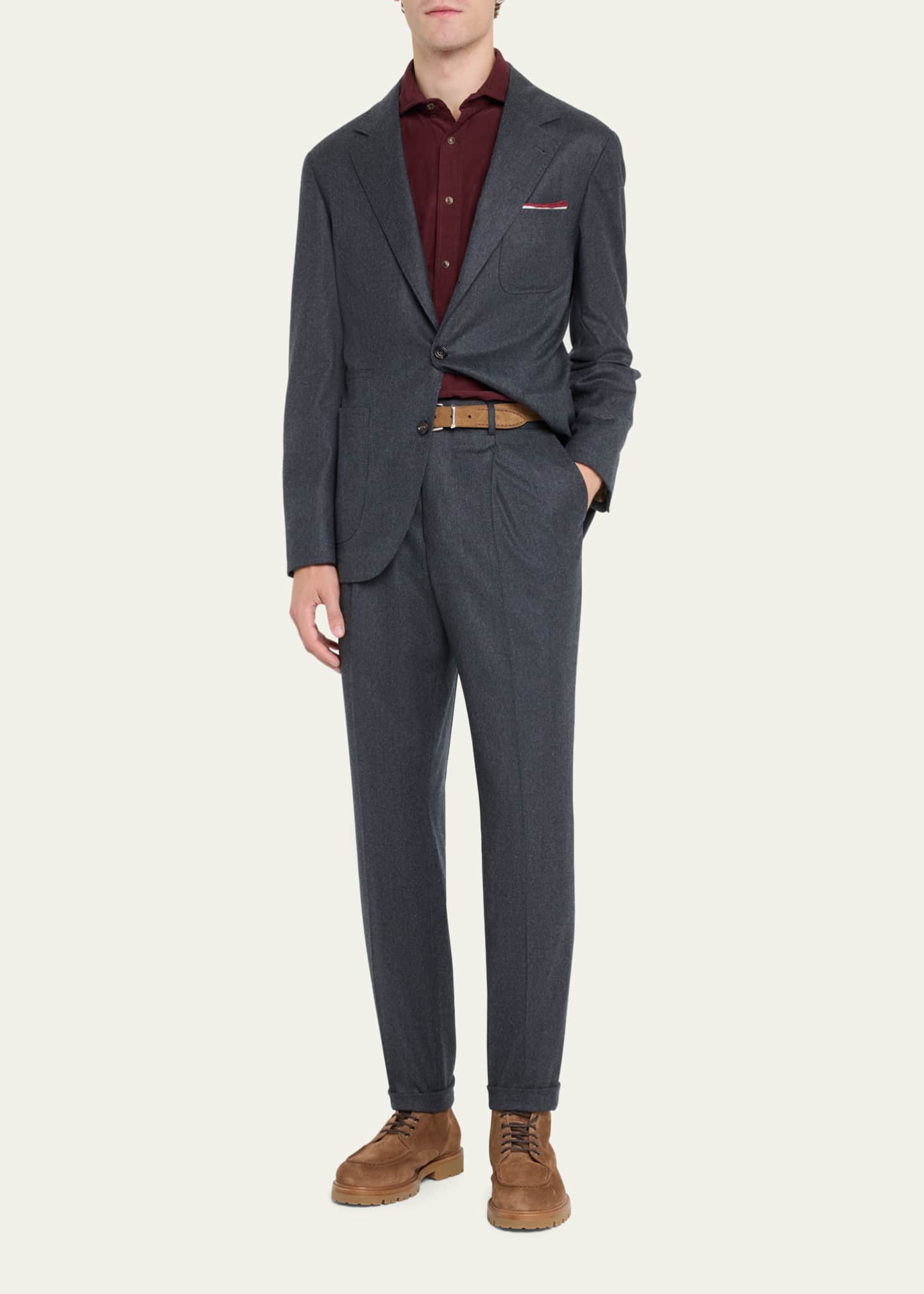 Brunello Cucinelli Men's Wool Flannel Patch-Pocket Suit Image 2 of 5