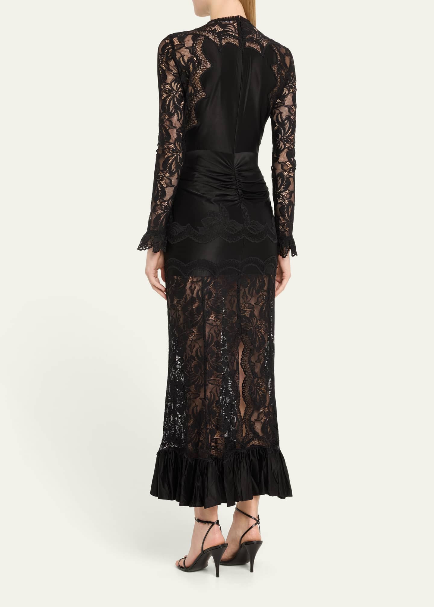Rabanne Sheer Lace Ruffle-Trim Long Jersey Dress - Bergdorf