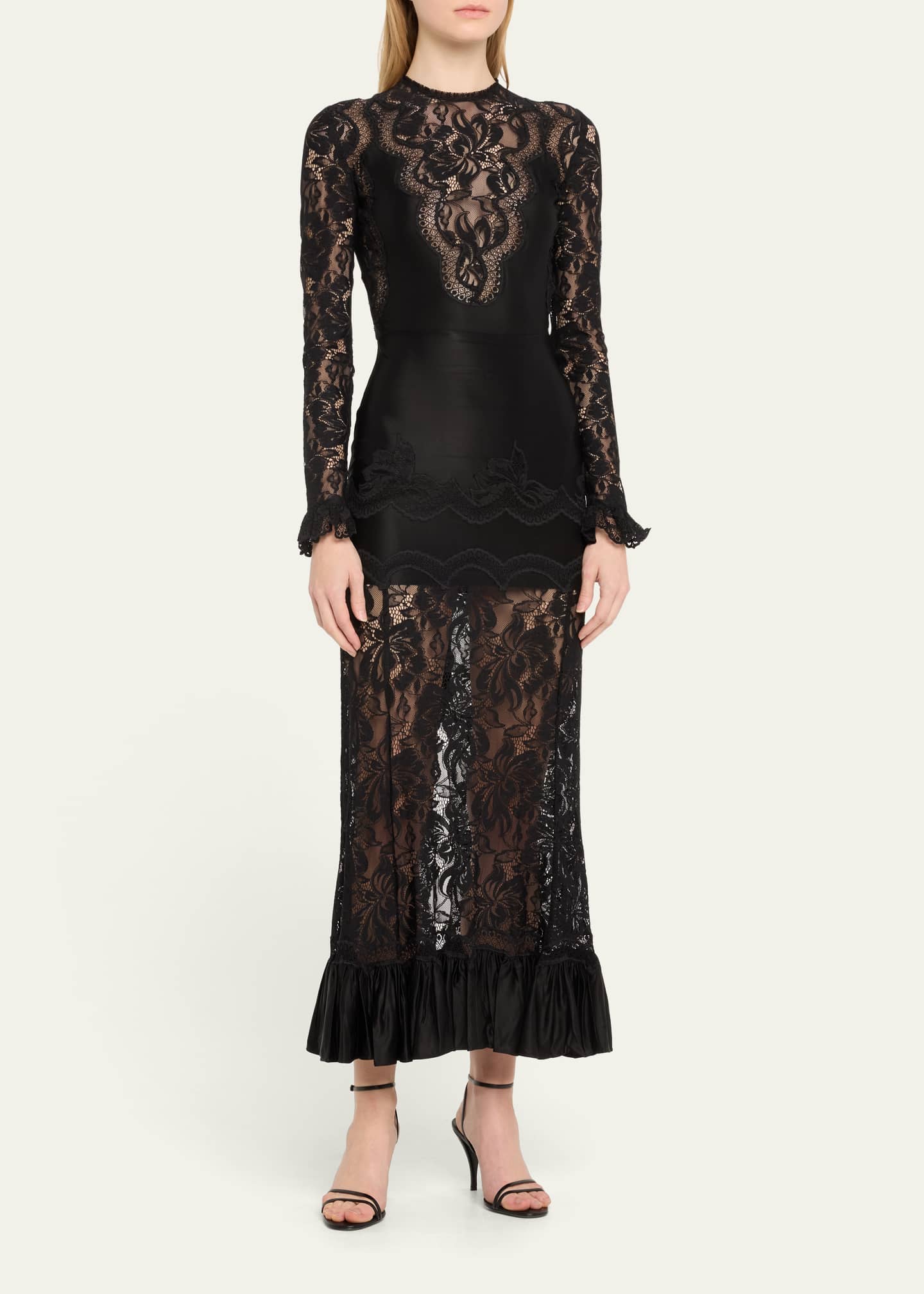 Rabanne Sheer Lace Ruffle-Trim Long Jersey Dress - Bergdorf