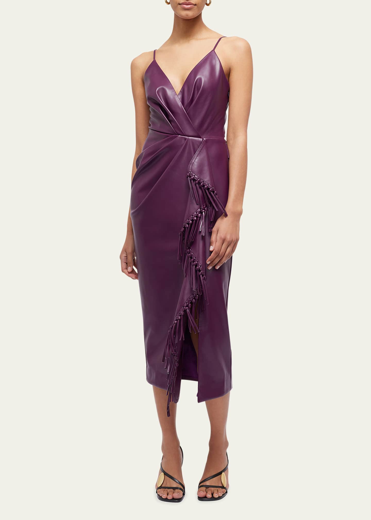 SIMKHAI Carlee Vegan Leather Fringe Faux-Wrap Midi Dress
