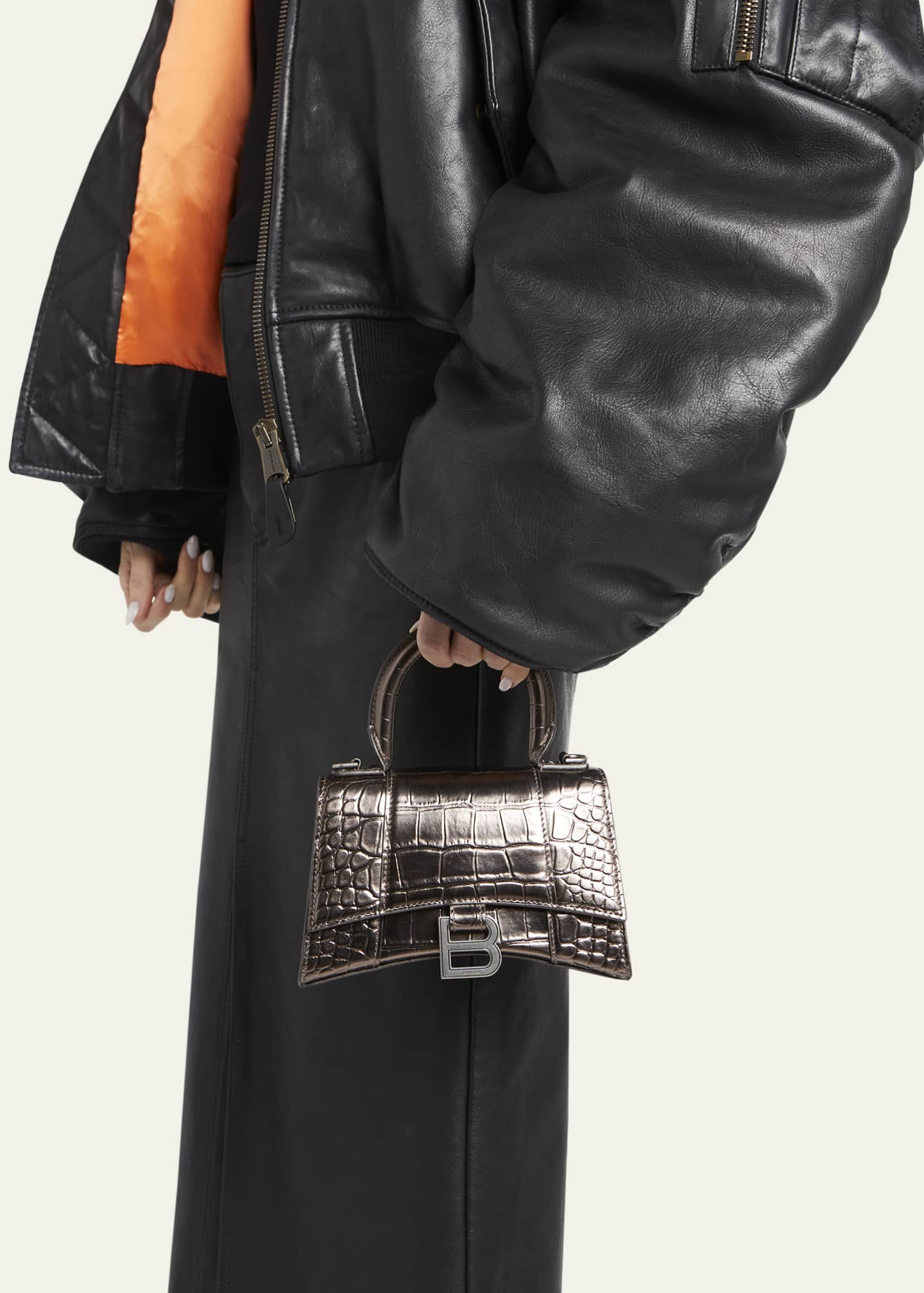 BALENCIAGA Hourglass Croc-Embossed Top Handle Bag