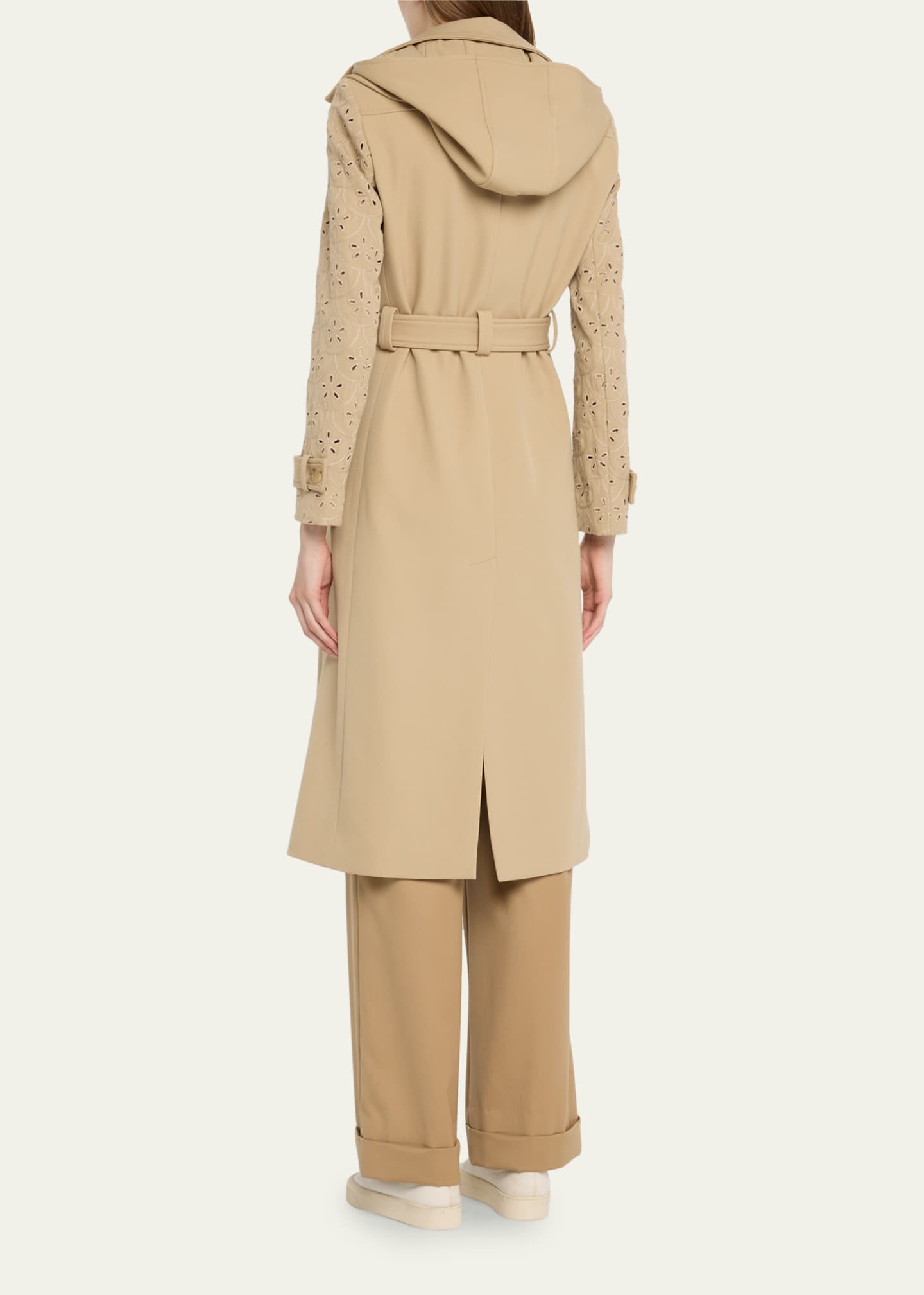 Chloe Belted Wool Trench Coat with Eyelet-Embroidered Sleeves