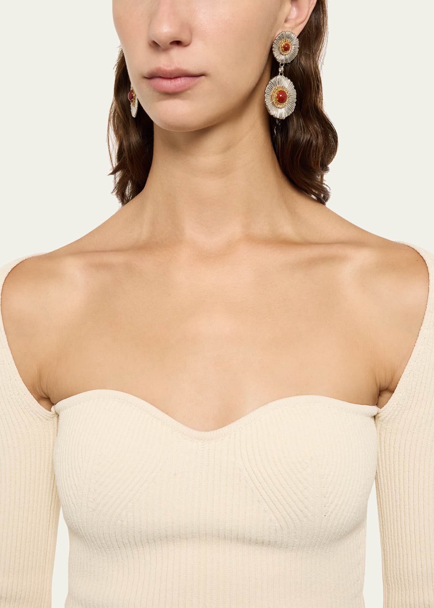 Buccellati Blossom Color Daisy 18K Yellow Gold and Silver Earrings with Diamonds and Red Jasper Image 2 of 4